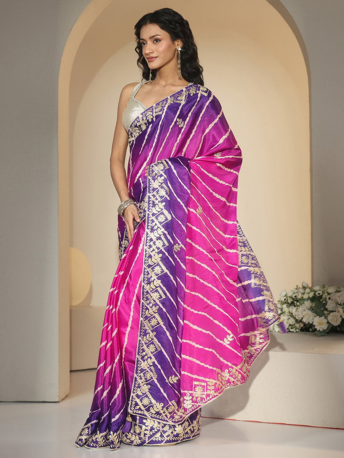 Anouk Magenta Pink Leheriya Printed Ombre Silk Blend Saree