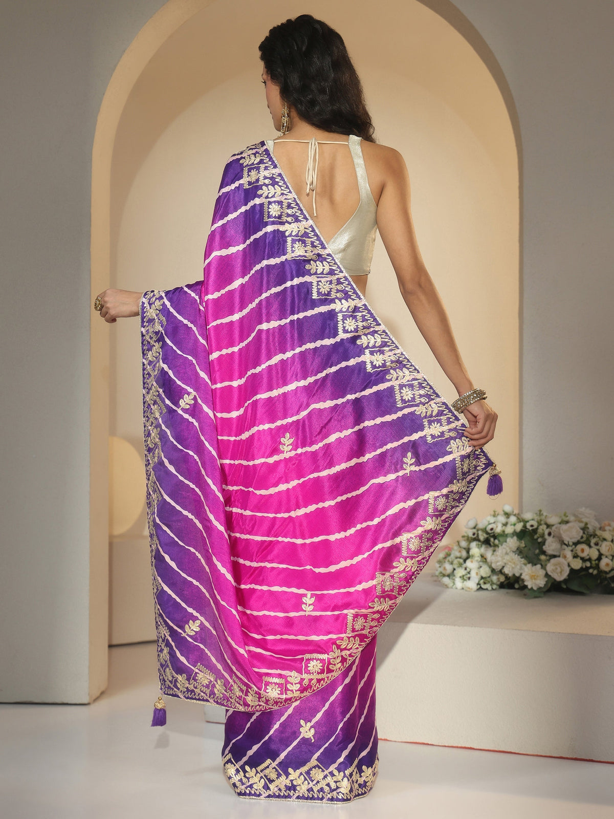 Anouk Magenta Pink Leheriya Printed Ombre Silk Blend Saree