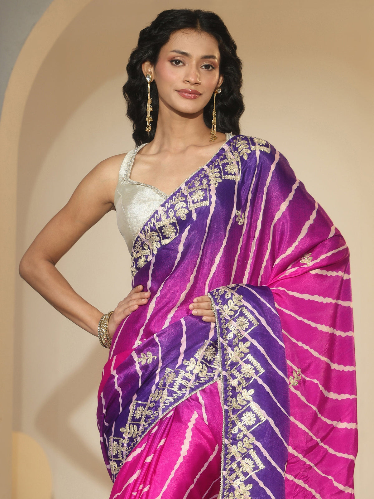 Anouk Magenta Pink Leheriya Printed Ombre Silk Blend Saree