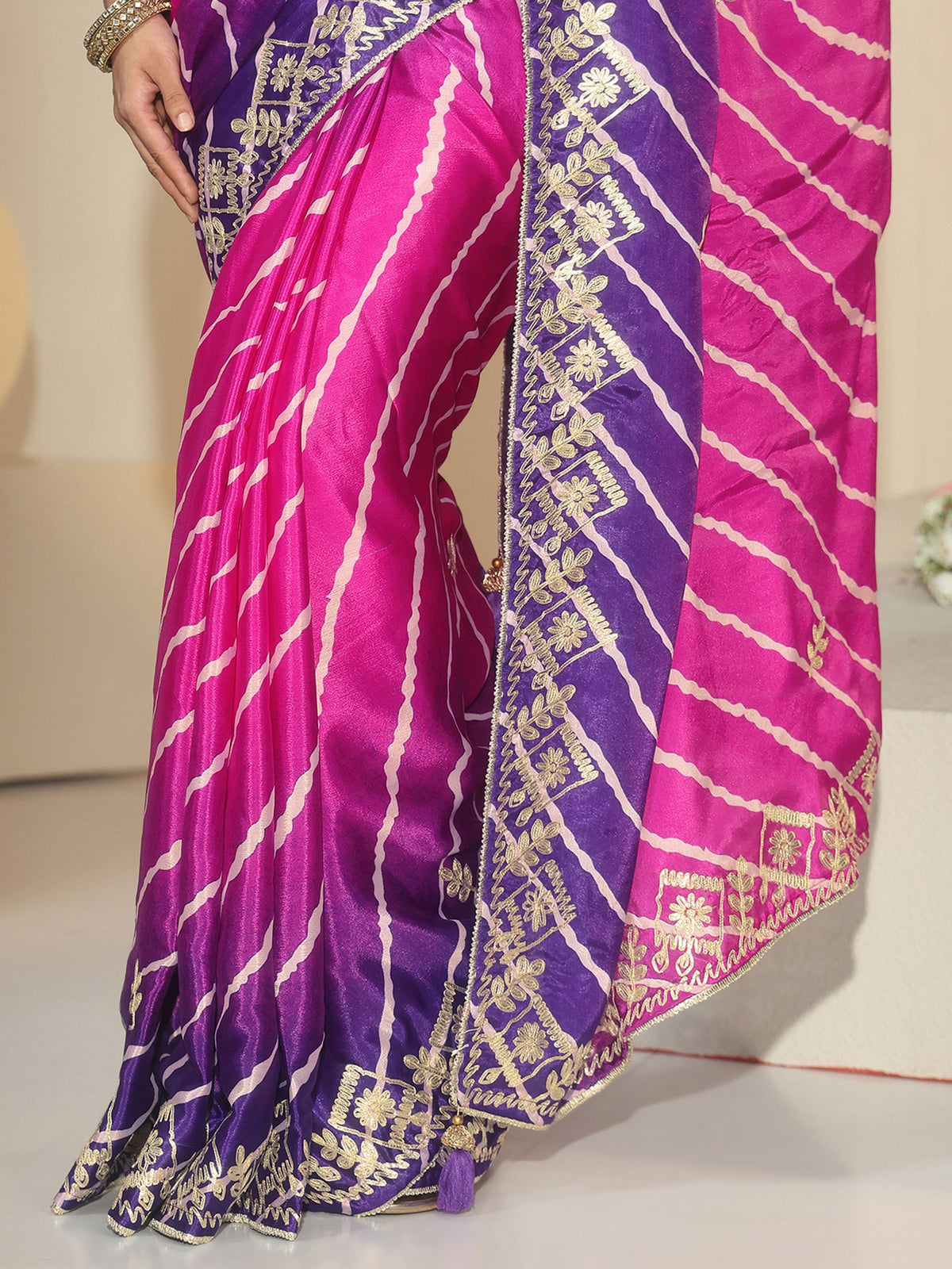 Anouk Magenta Pink Leheriya Printed Ombre Silk Blend Saree
