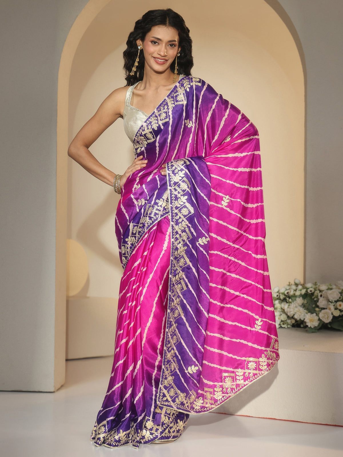 Anouk Magenta Pink Leheriya Printed Ombre Silk Blend Saree