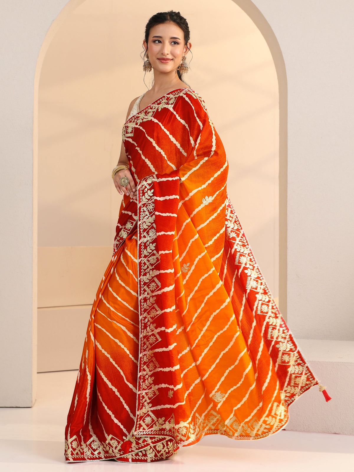 Anouk Orange Leheriya Printed Ombre Silk Blend Saree