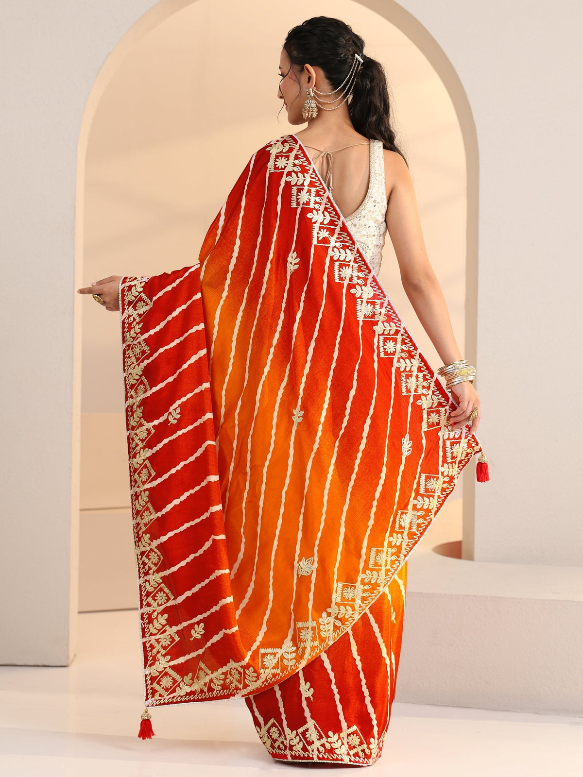 Anouk Orange Leheriya Printed Ombre Silk Blend Saree