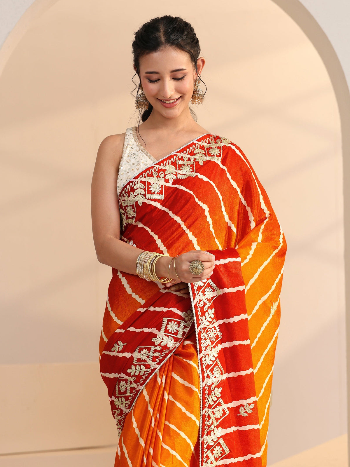 Anouk Orange Leheriya Printed Ombre Silk Blend Saree