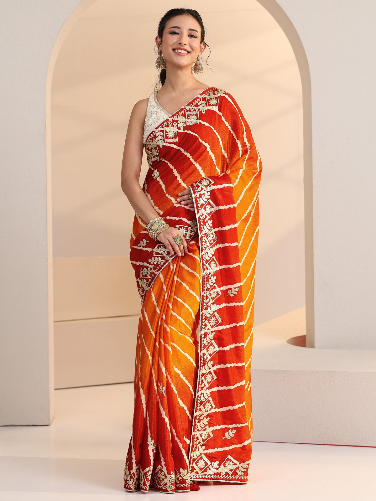 Anouk Orange Leheriya Printed Ombre Silk Blend Saree