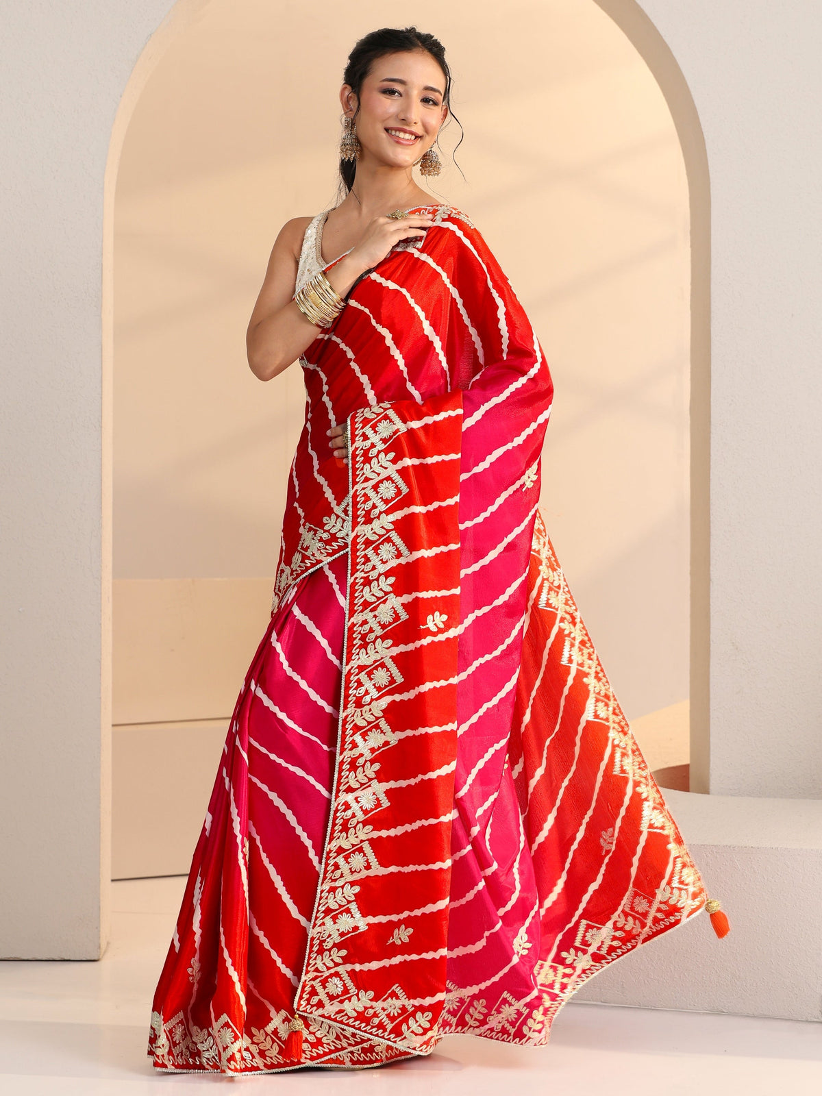 Anouk Hot Pink Leheriya Printed Ombre Silk Blend Saree