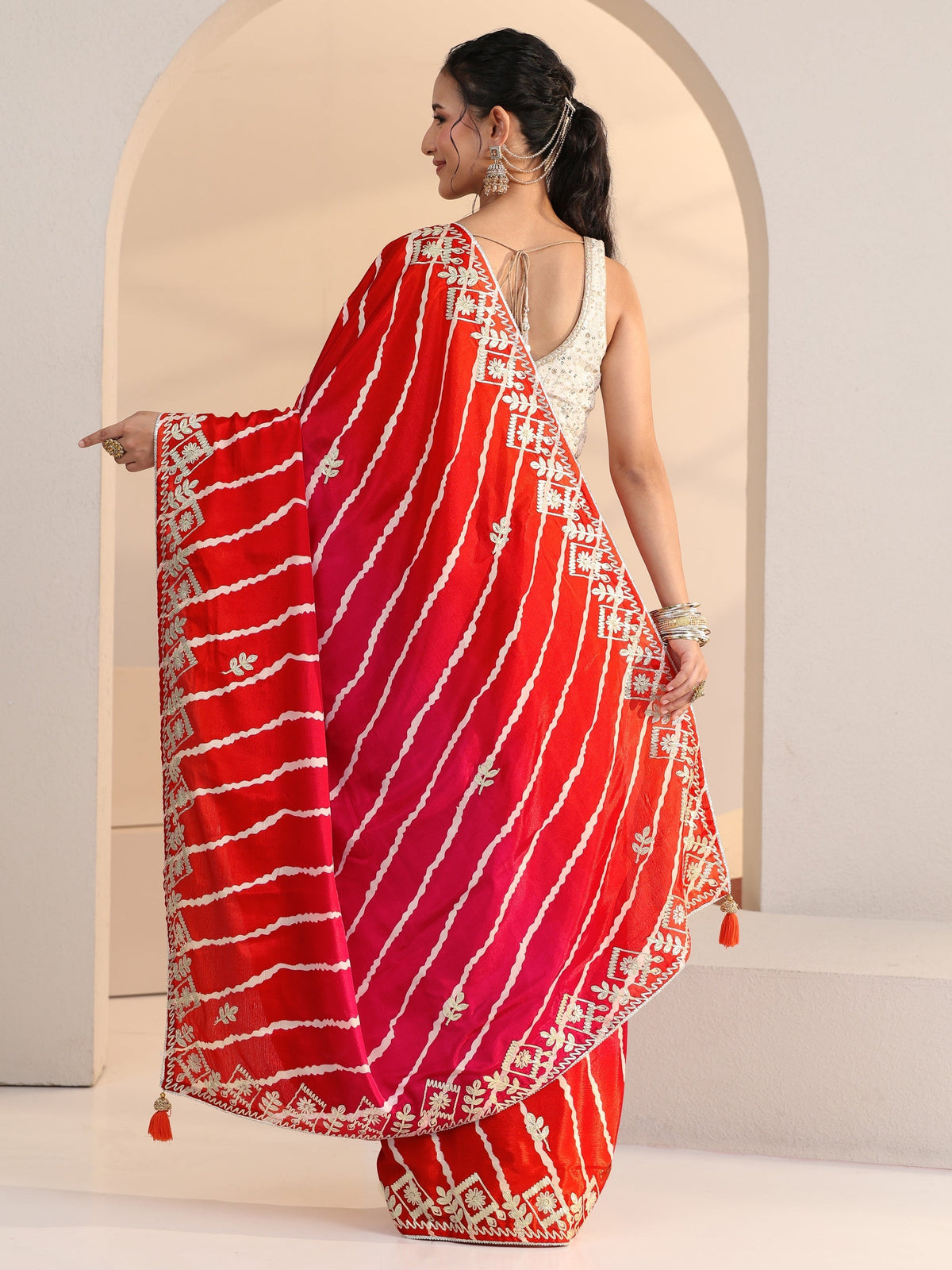 Anouk Hot Pink Leheriya Printed Ombre Silk Blend Saree