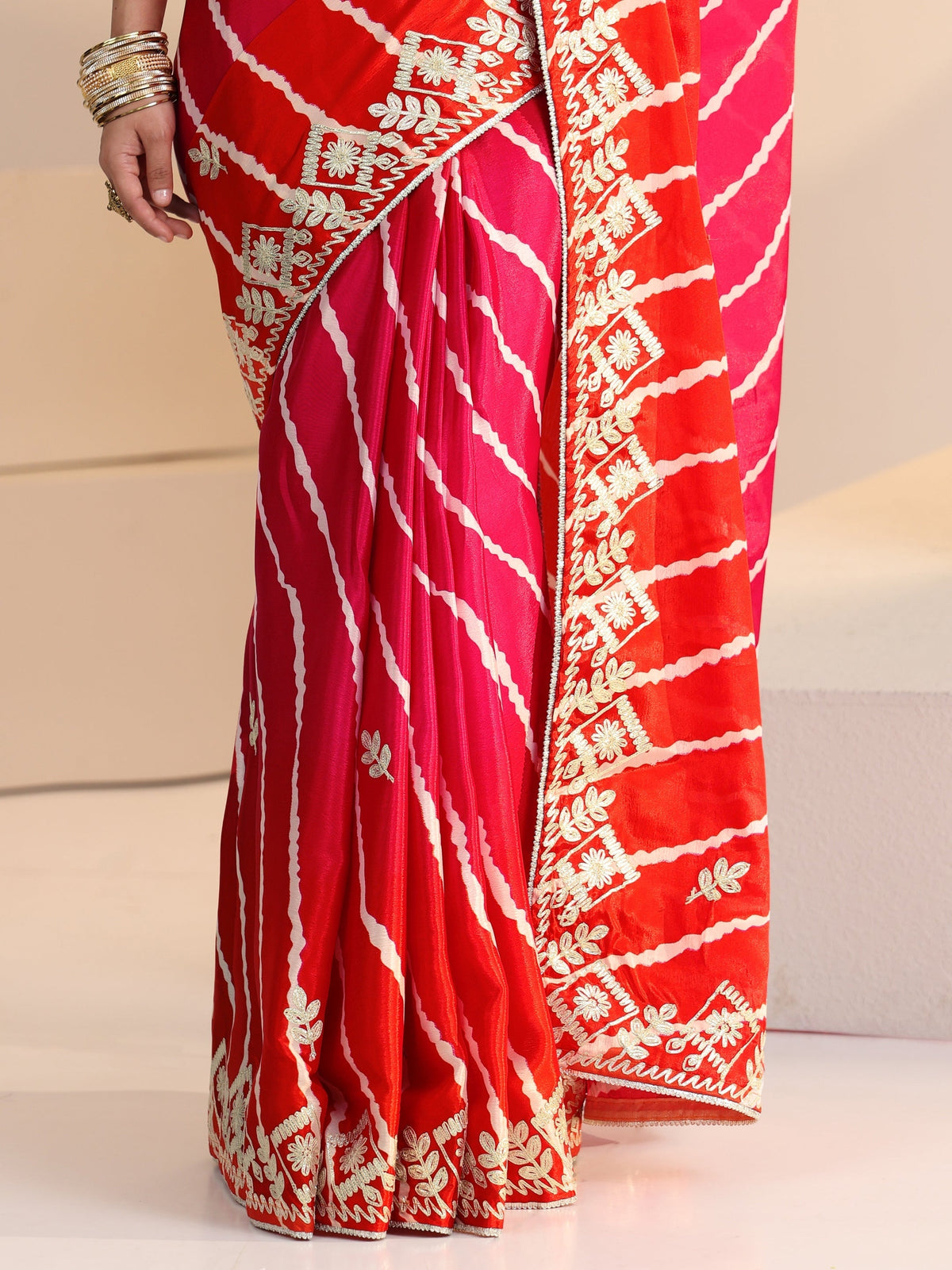 Anouk Hot Pink Leheriya Printed Ombre Silk Blend Saree
