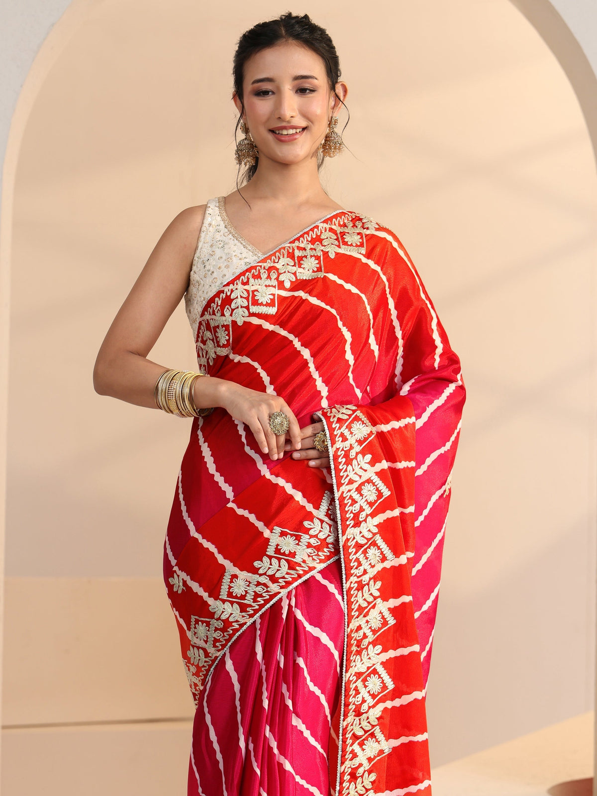 Anouk Hot Pink Leheriya Printed Ombre Silk Blend Saree