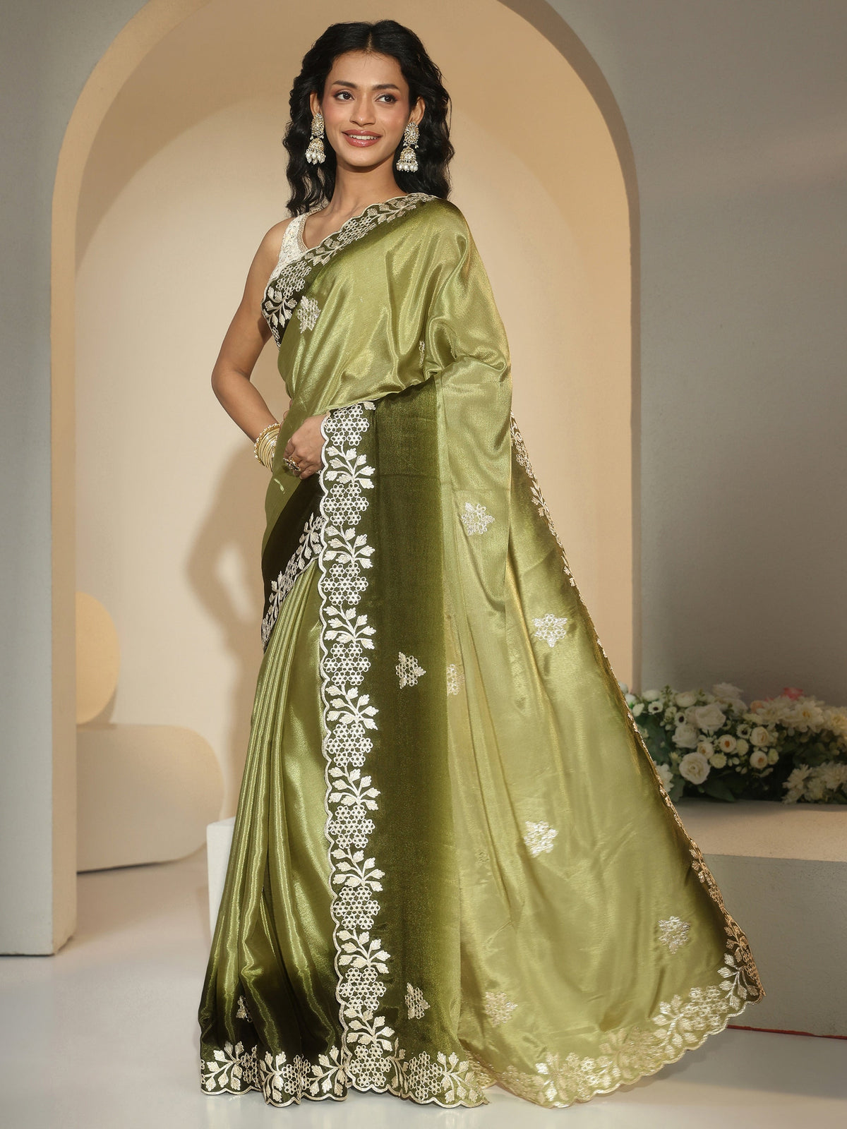 Anouk Forest Green Floral Embroidered Ombre Silk Blend Saree