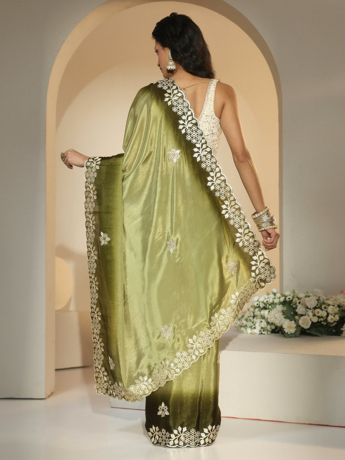 Anouk Forest Green Floral Embroidered Ombre Silk Blend Saree