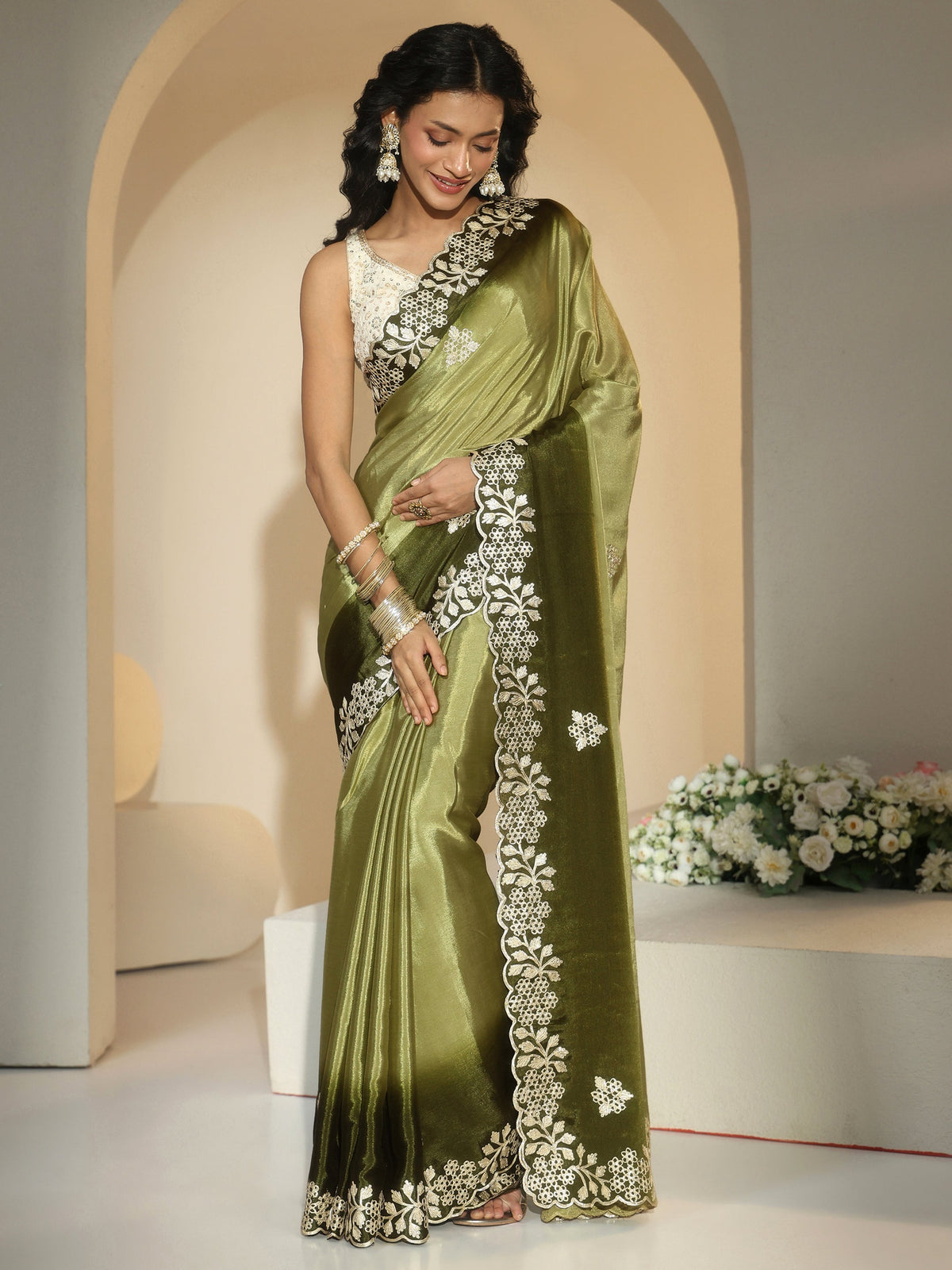 Anouk Forest Green Floral Embroidered Ombre Silk Blend Saree
