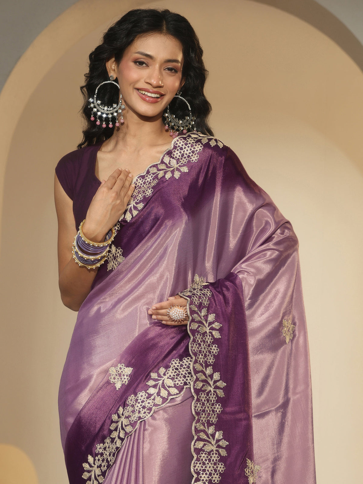 Anouk Lavender Floral Embroidered Ombre Silk Blend Saree