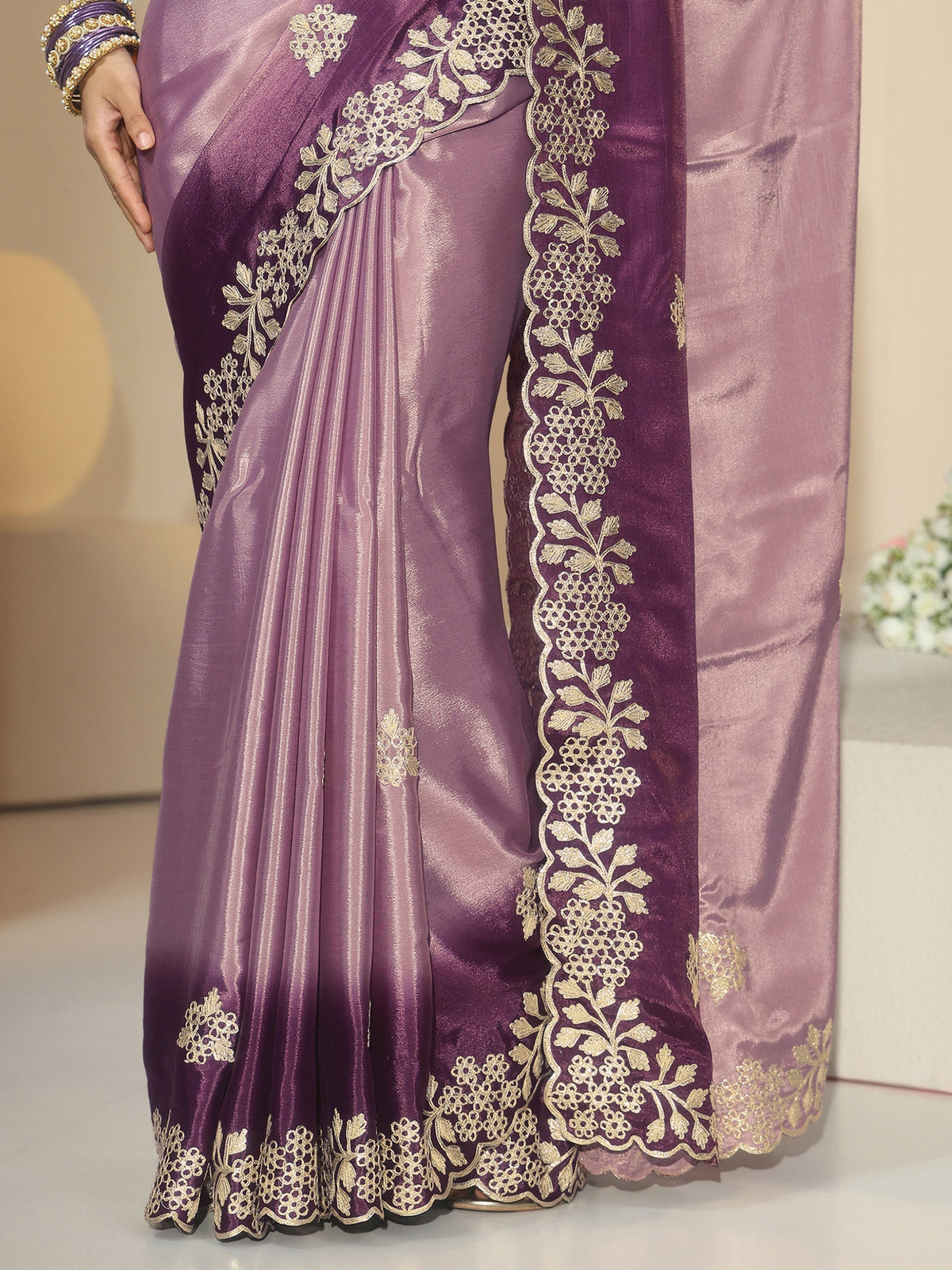 Anouk Lavender Floral Embroidered Ombre Silk Blend Saree