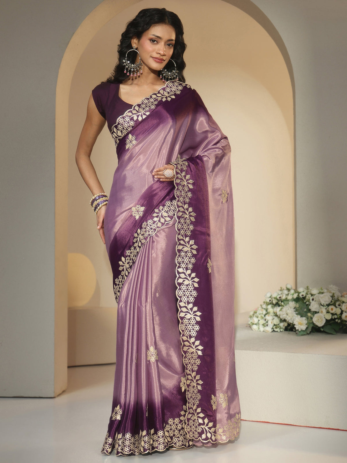 Anouk Lavender Floral Embroidered Ombre Silk Blend Saree