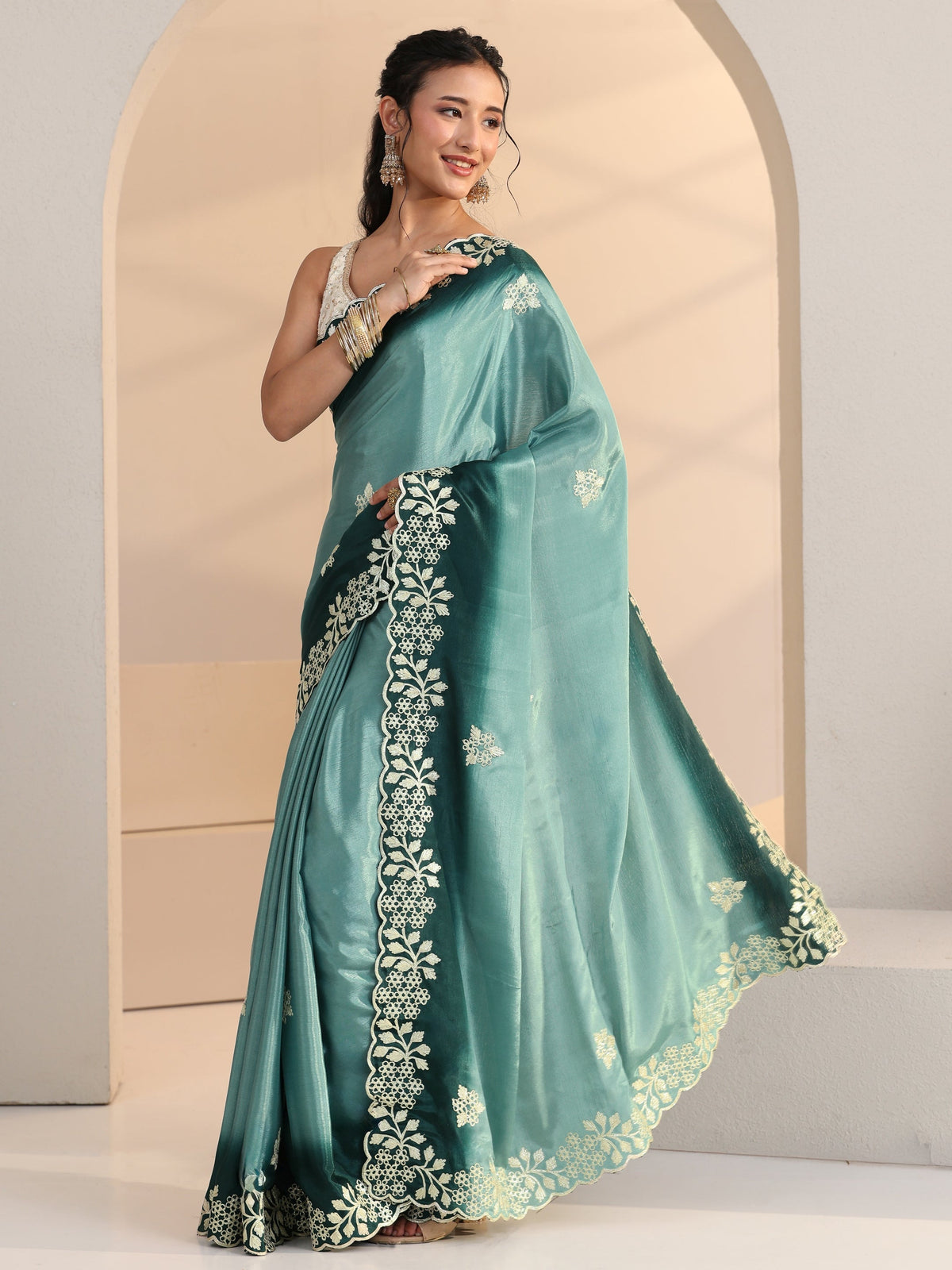 Anouk Aqua Blue Floral Embroidered Ombre Silk Blend Saree