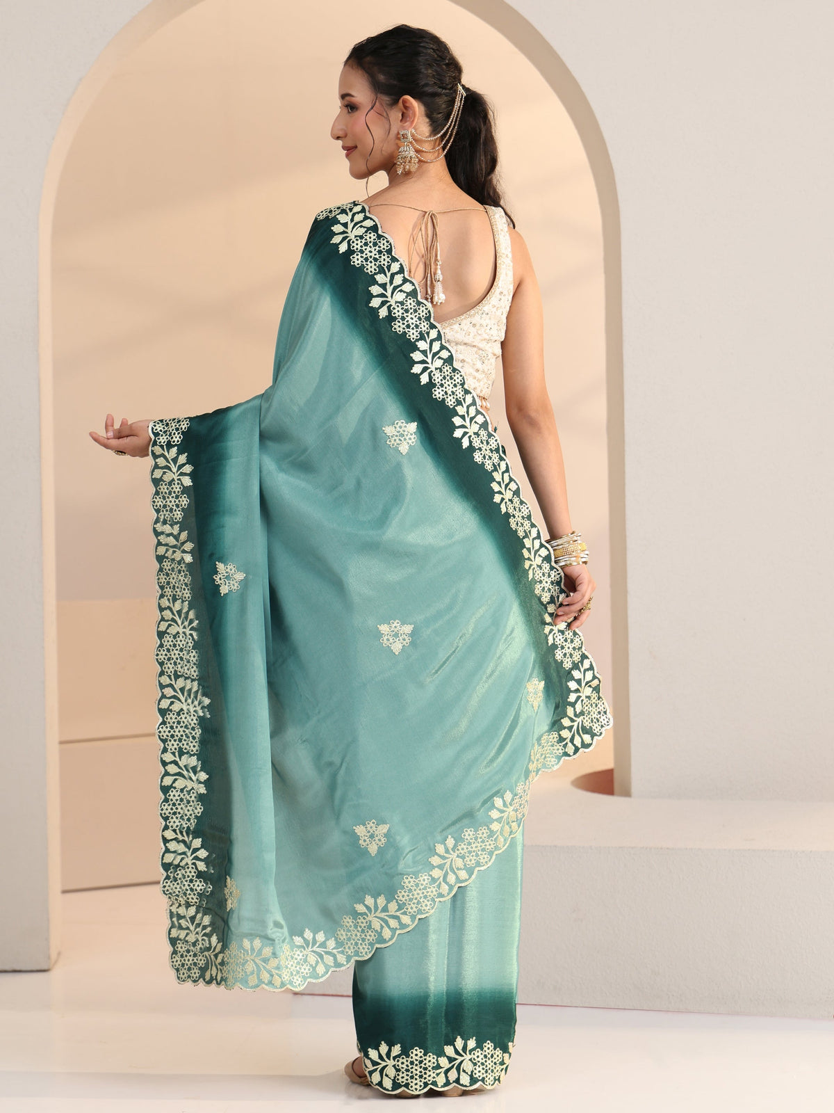 Anouk Aqua Blue Floral Embroidered Ombre Silk Blend Saree