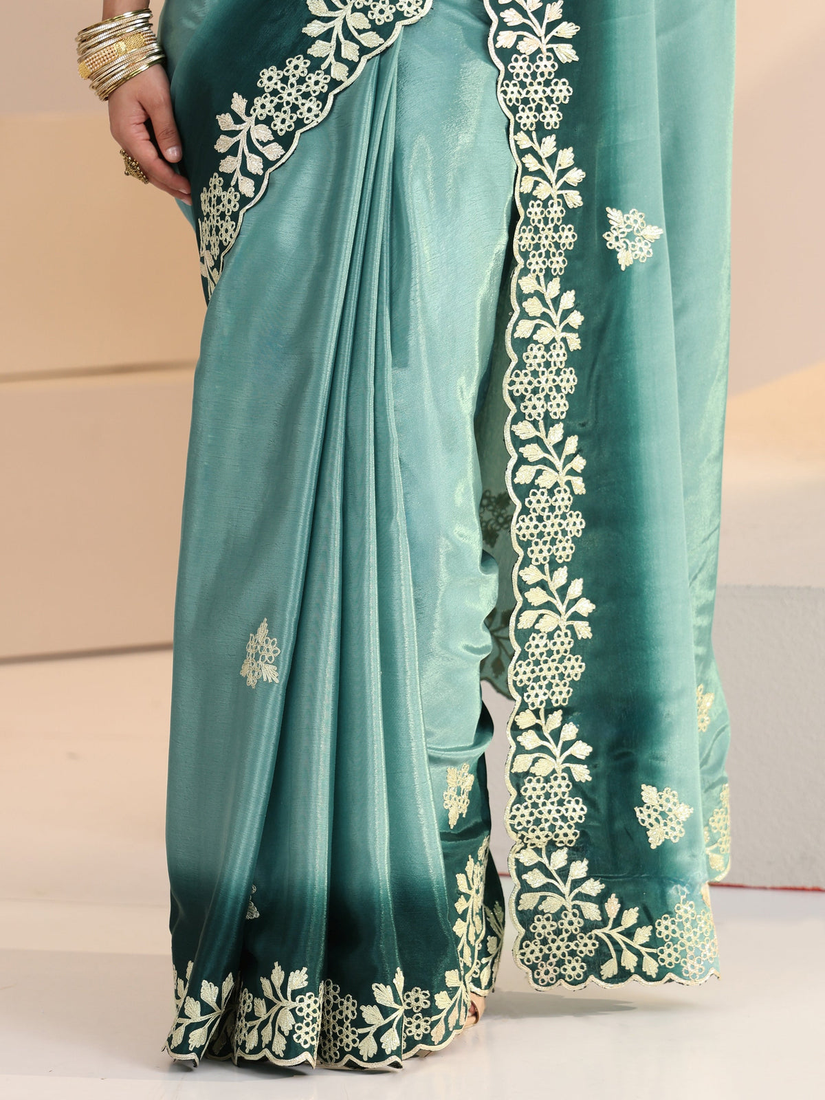 Anouk Aqua Blue Floral Embroidered Ombre Silk Blend Saree