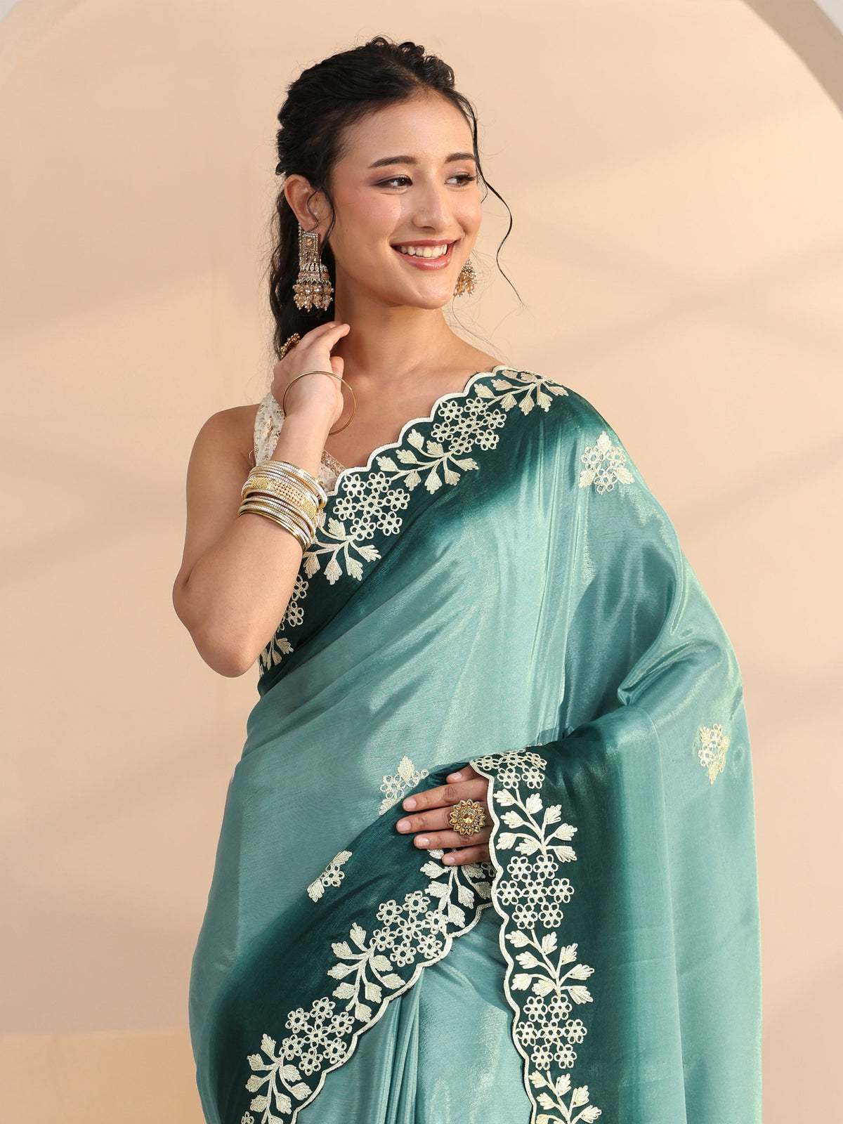 Anouk Aqua Blue Floral Embroidered Ombre Silk Blend Saree