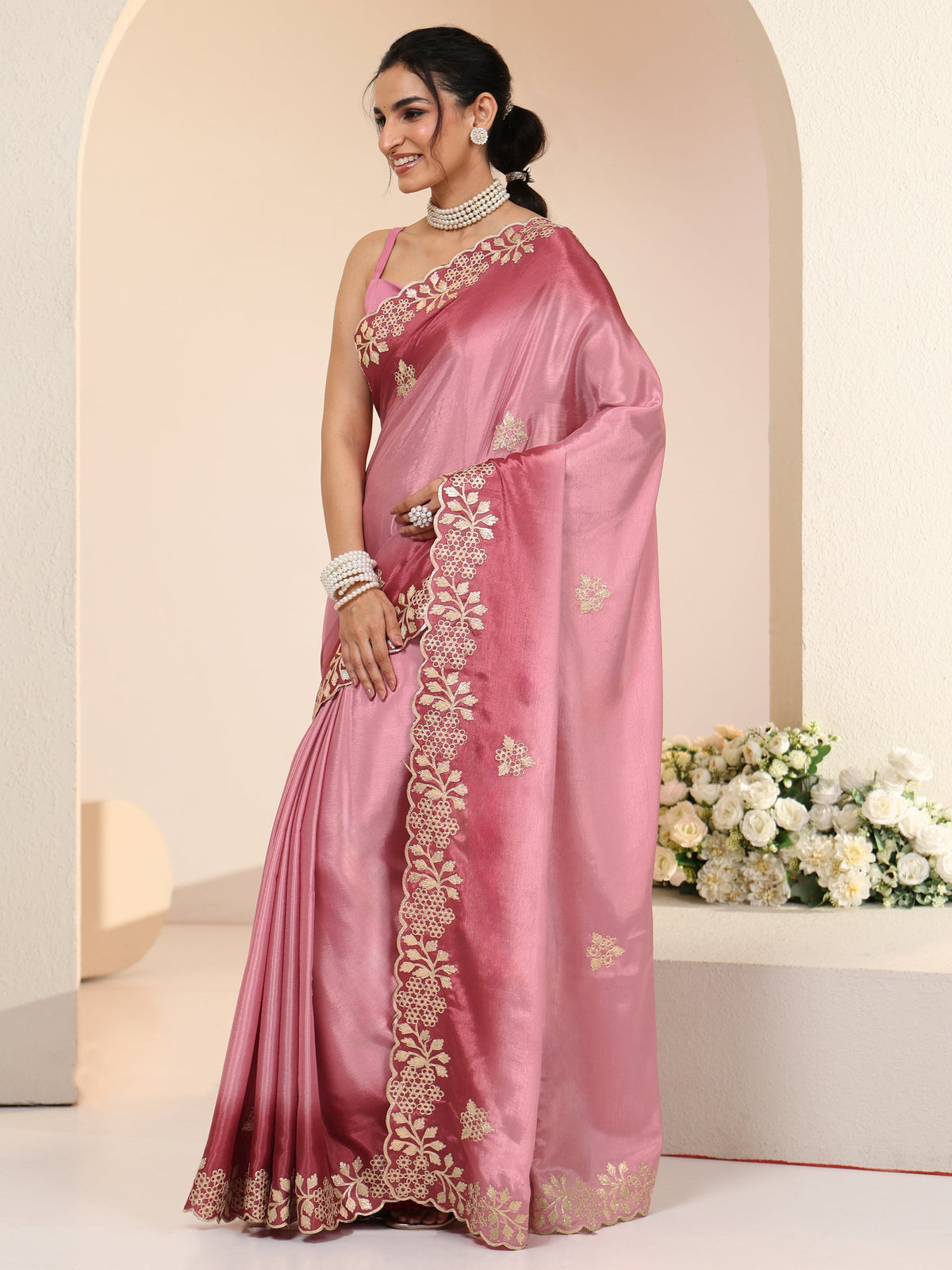 Anouk Rose Pink Floral Embroidered Ombre Silk Blend Saree