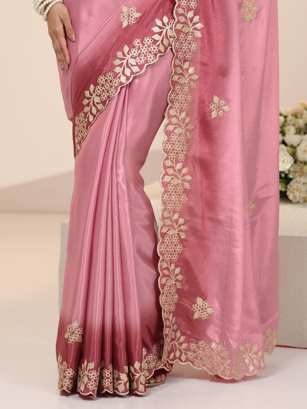 Anouk Rose Pink Floral Embroidered Ombre Silk Blend Saree