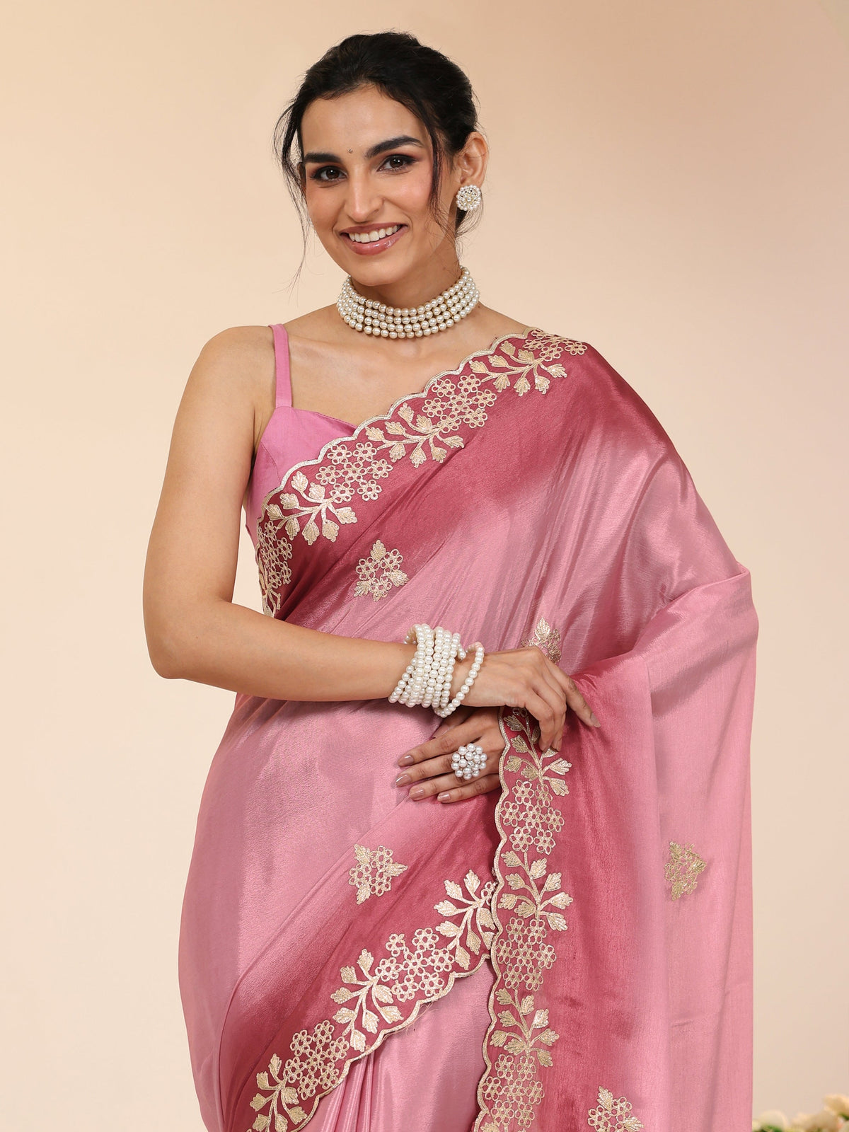 Anouk Rose Pink Floral Embroidered Ombre Silk Blend Saree