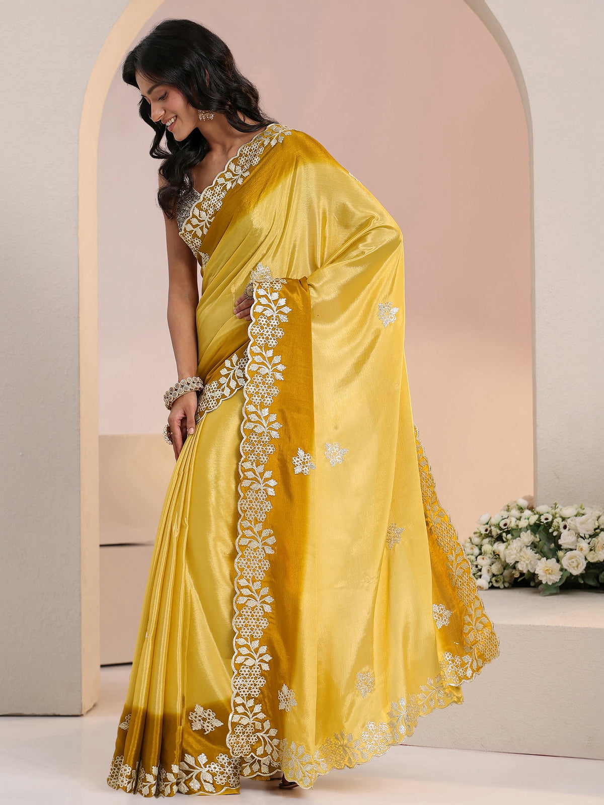 Anouk Yellow Floral Embroidered Ombre Silk Blend Saree
