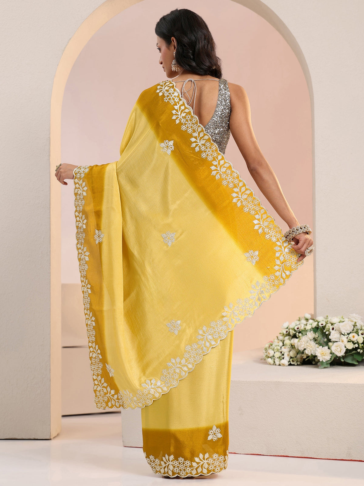 Anouk Yellow Floral Embroidered Ombre Silk Blend Saree