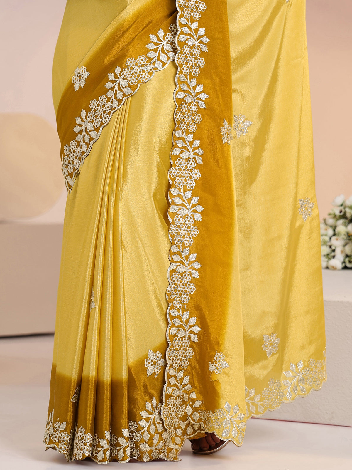Anouk Yellow Floral Embroidered Ombre Silk Blend Saree