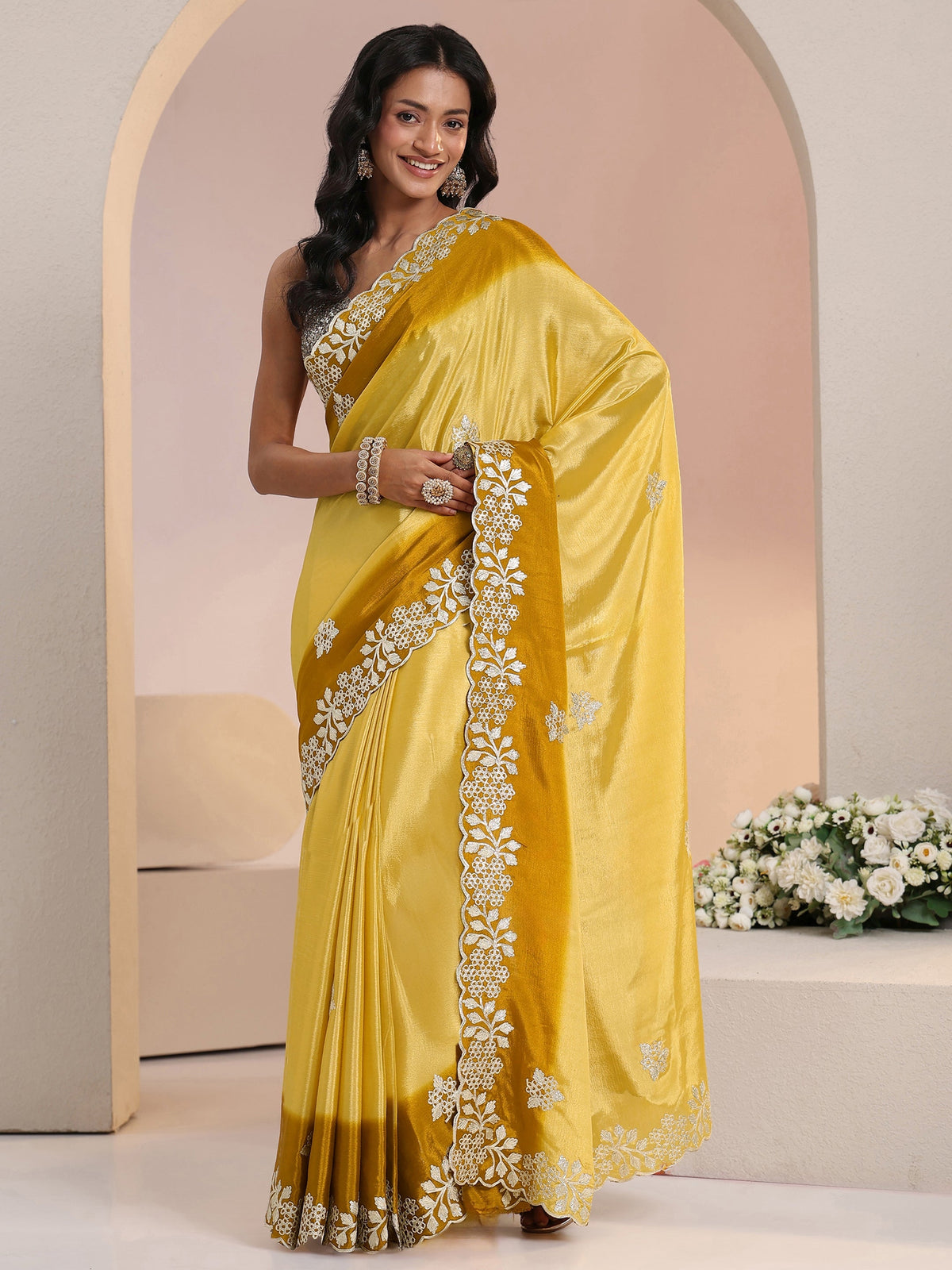 Anouk Yellow Floral Embroidered Ombre Silk Blend Saree