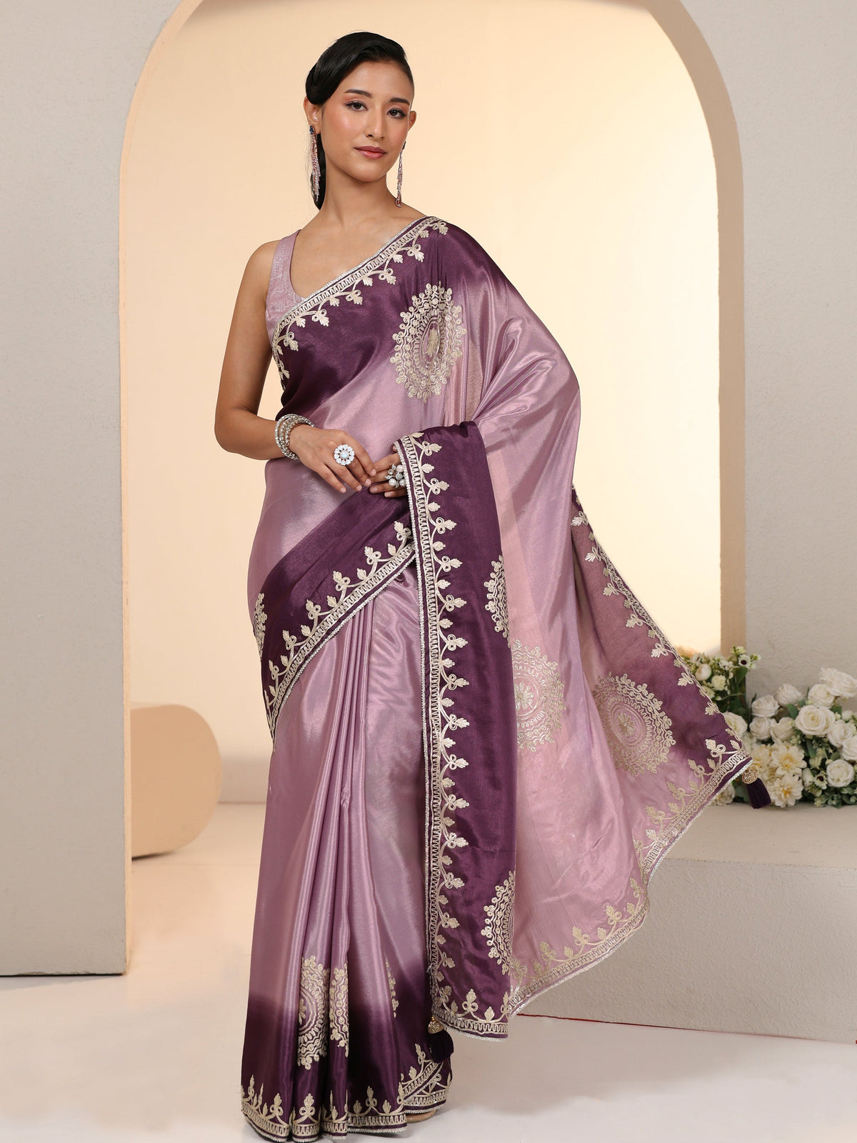 Anouk Lavender Mandala Art Embroidered Ombre Silk Blend Saree