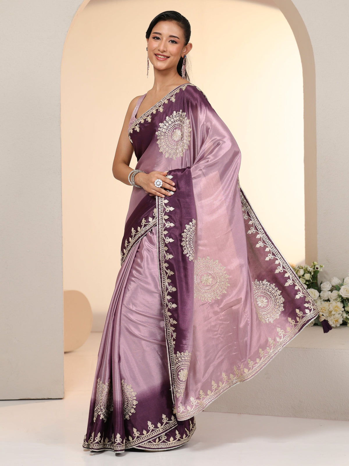 Anouk Lavender Mandala Art Embroidered Ombre Silk Blend Saree