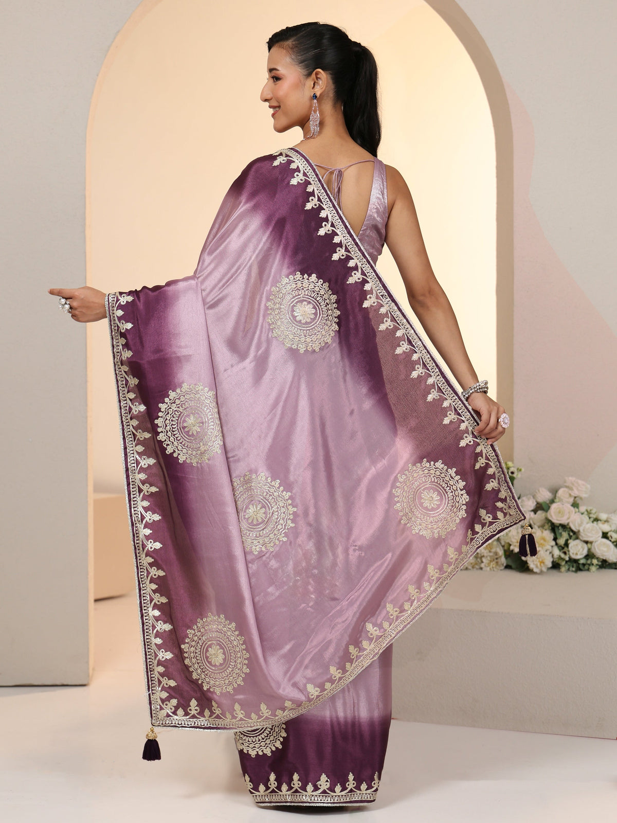 Anouk Lavender Mandala Art Embroidered Ombre Silk Blend Saree