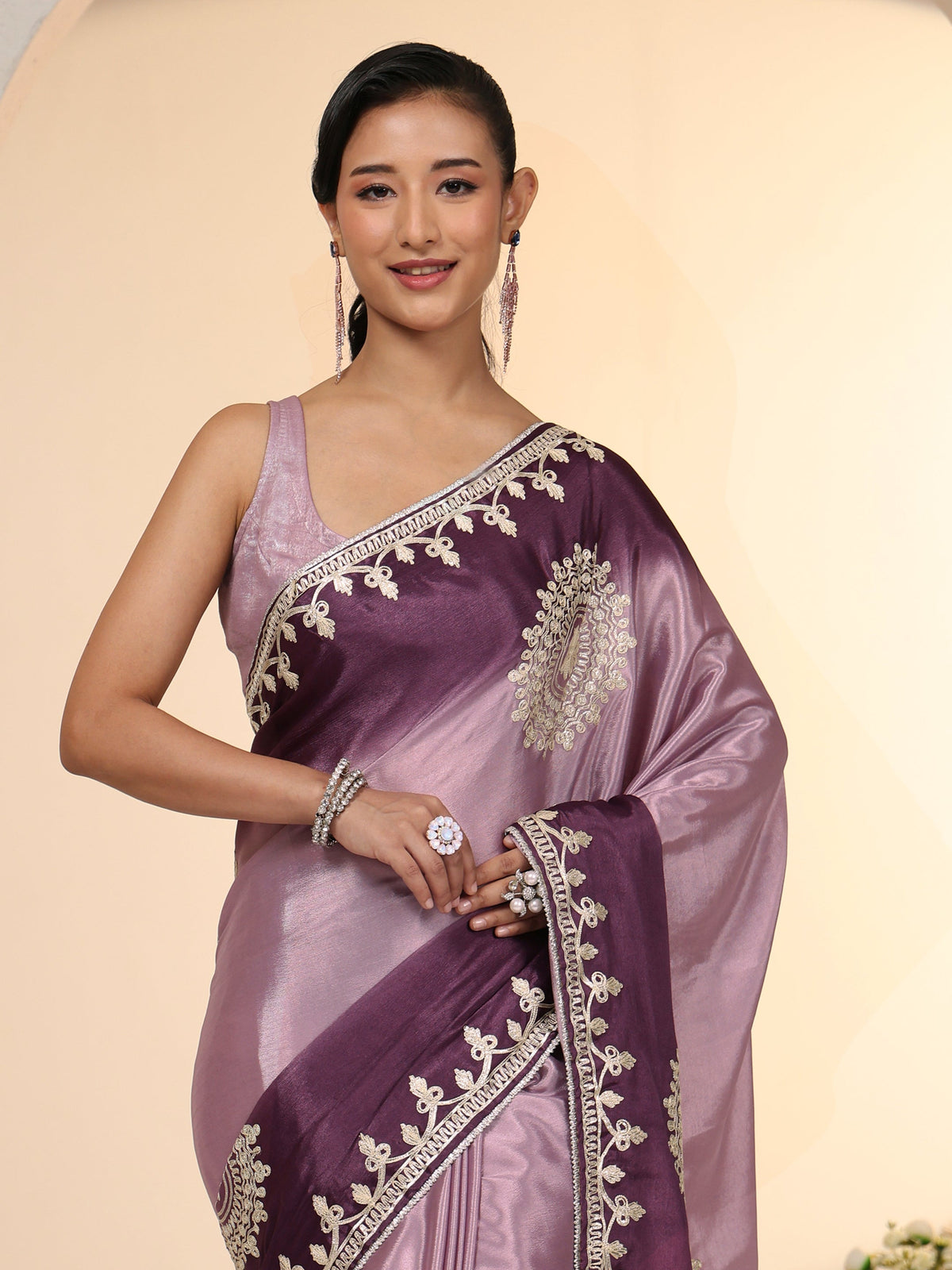 Anouk Lavender Mandala Art Embroidered Ombre Silk Blend Saree