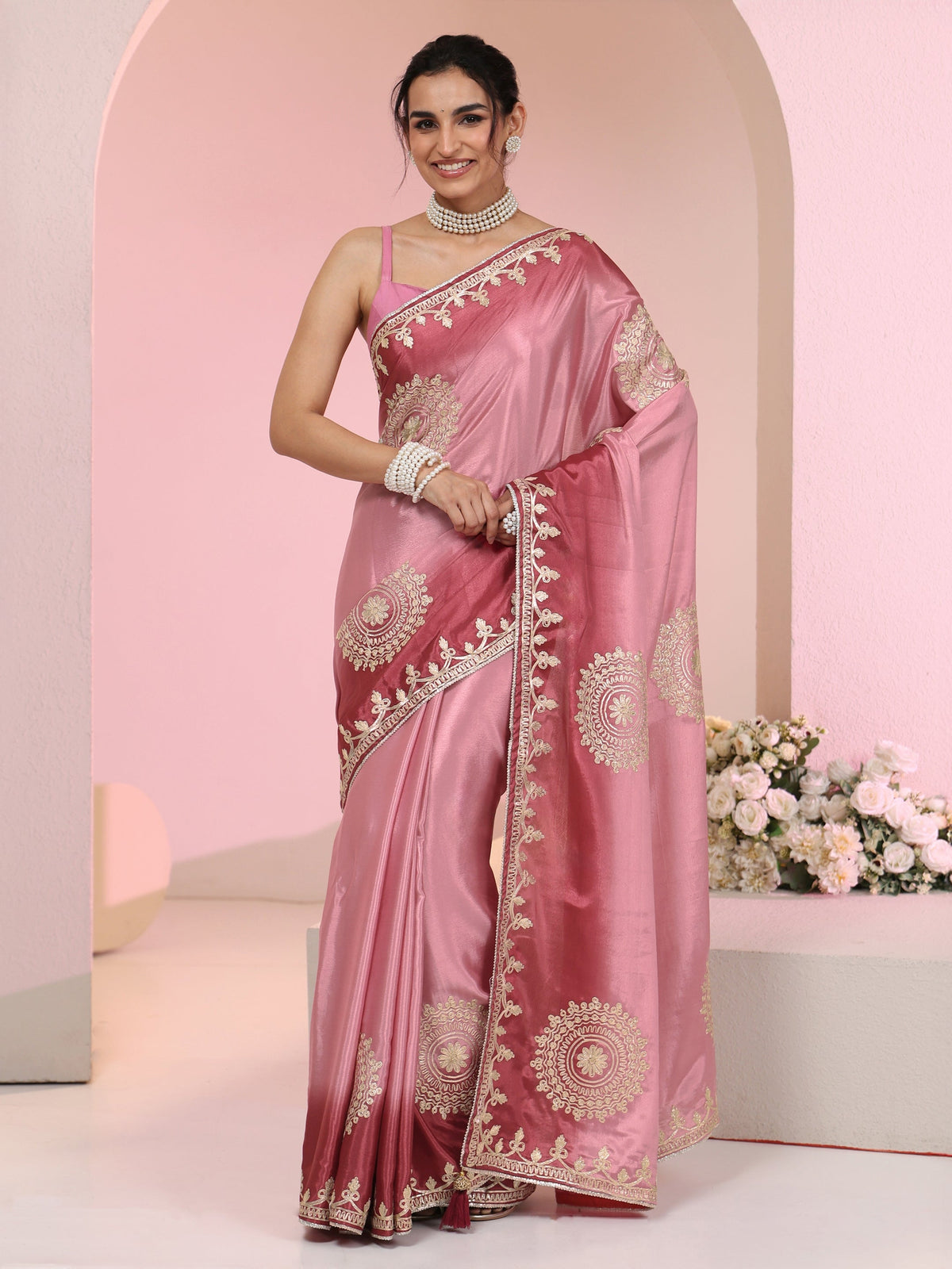 Anouk Rose Pink Mandala Art Embroidered Ombre Silk Blend Saree