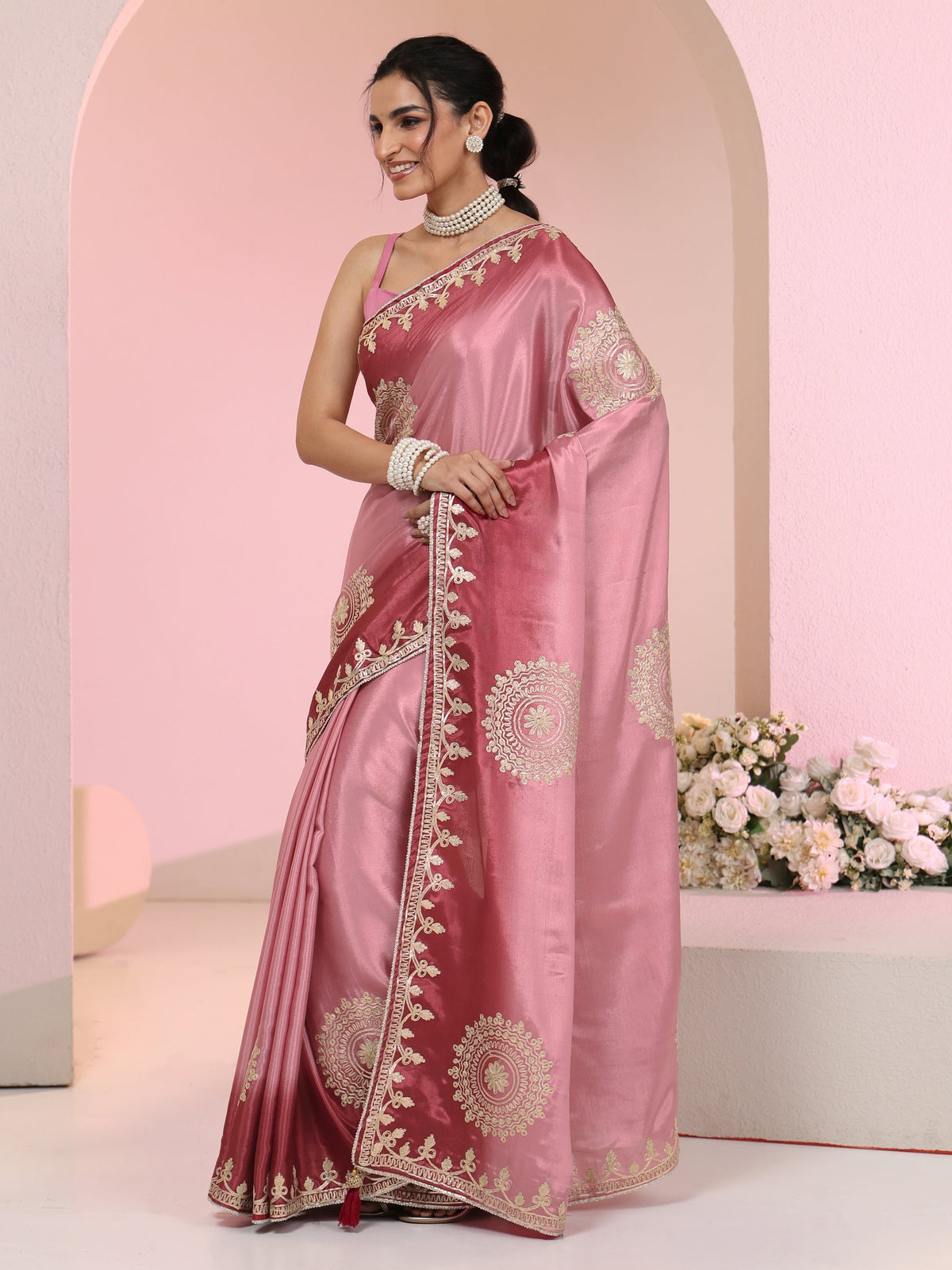 Anouk Rose Pink Mandala Art Embroidered Ombre Silk Blend Saree
