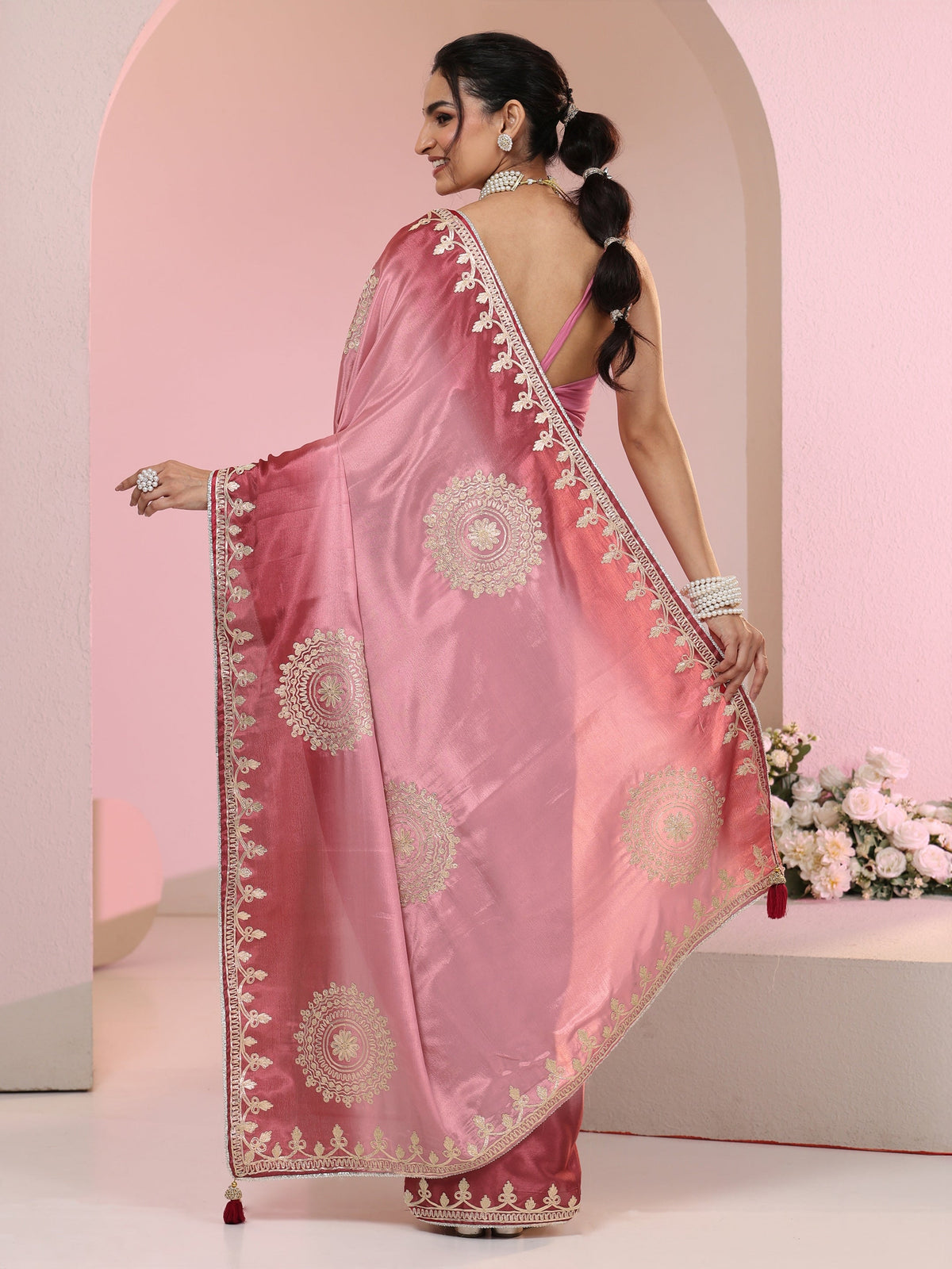 Anouk Rose Pink Mandala Art Embroidered Ombre Silk Blend Saree