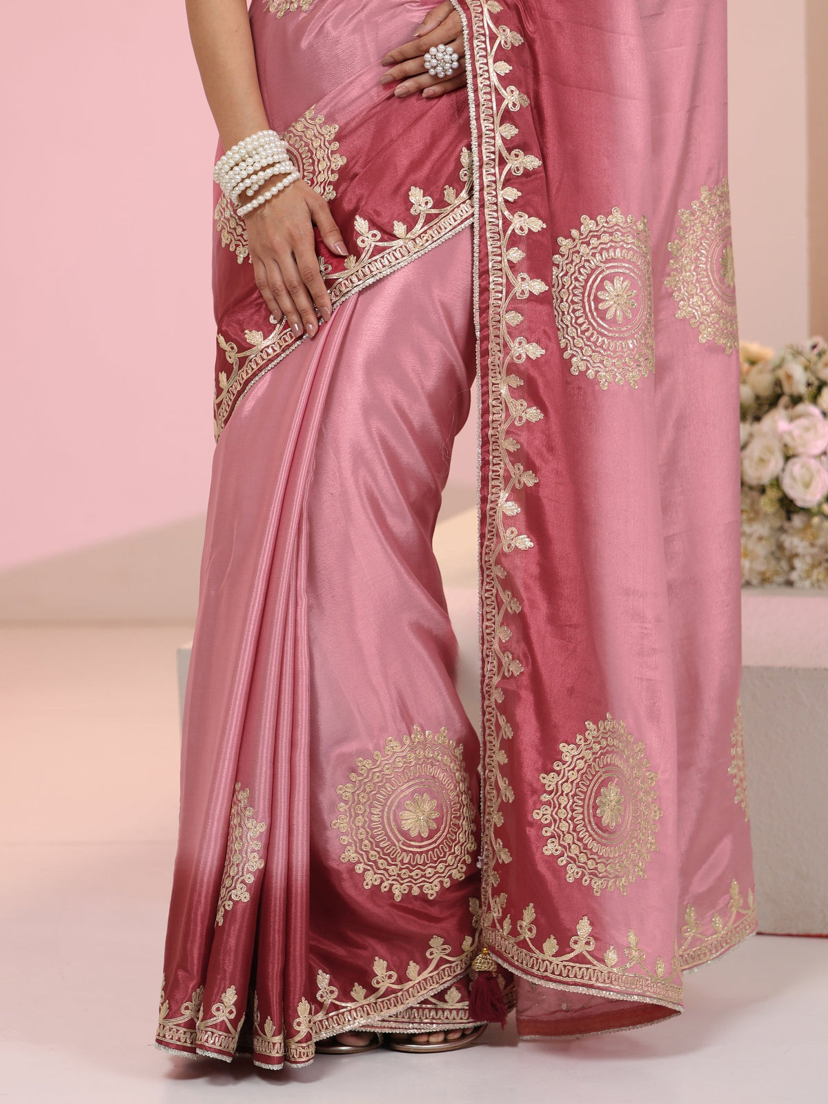 Anouk Rose Pink Mandala Art Embroidered Ombre Silk Blend Saree