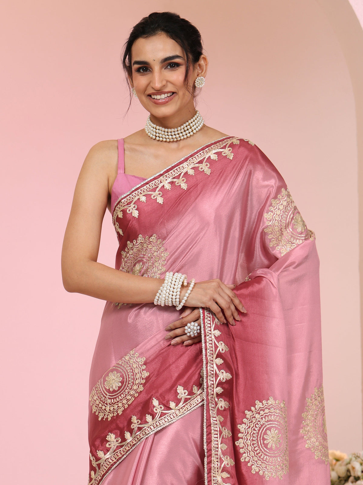 Anouk Rose Pink Mandala Art Embroidered Ombre Silk Blend Saree