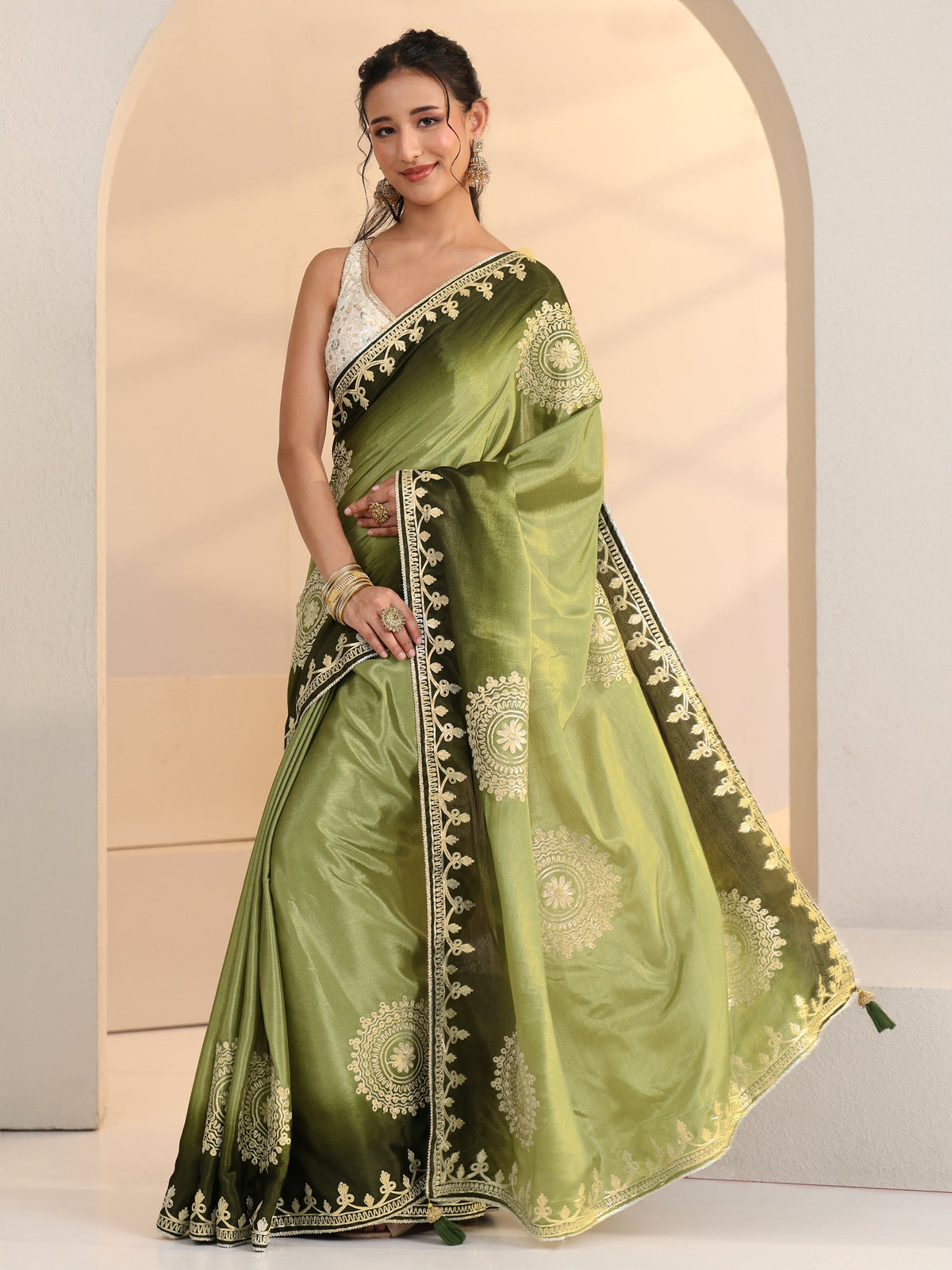 Anouk Pista Green Mandala Art Embroidered Ombre Silk Blend Saree