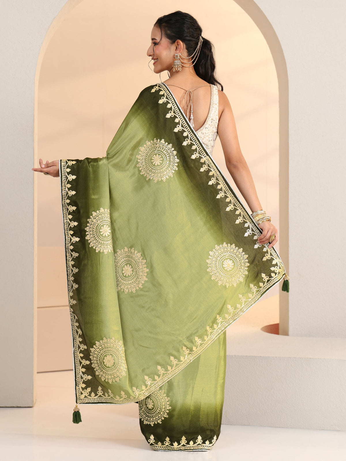 Anouk Pista Green Mandala Art Embroidered Ombre Silk Blend Saree