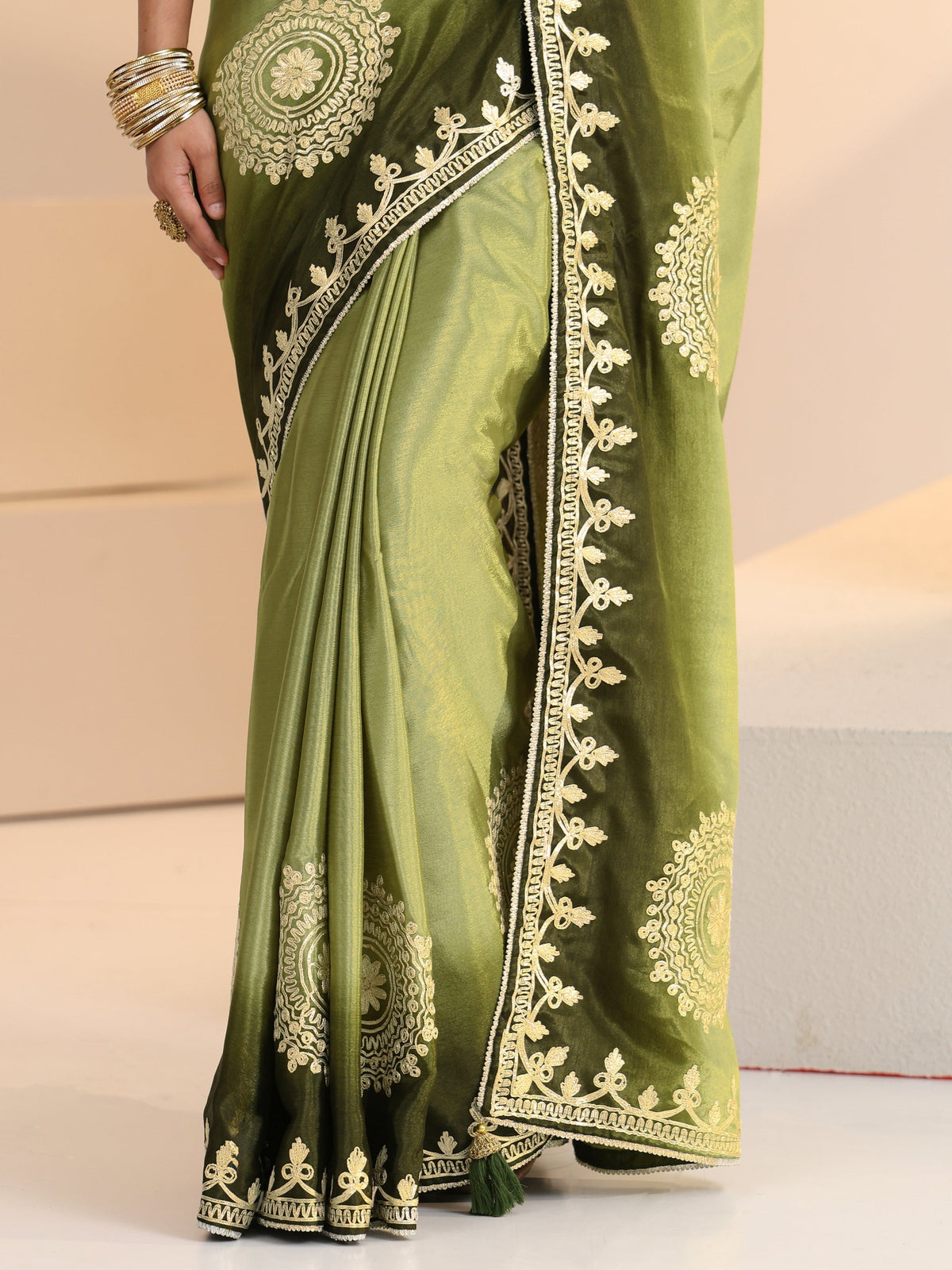 Anouk Pista Green Mandala Art Embroidered Ombre Silk Blend Saree