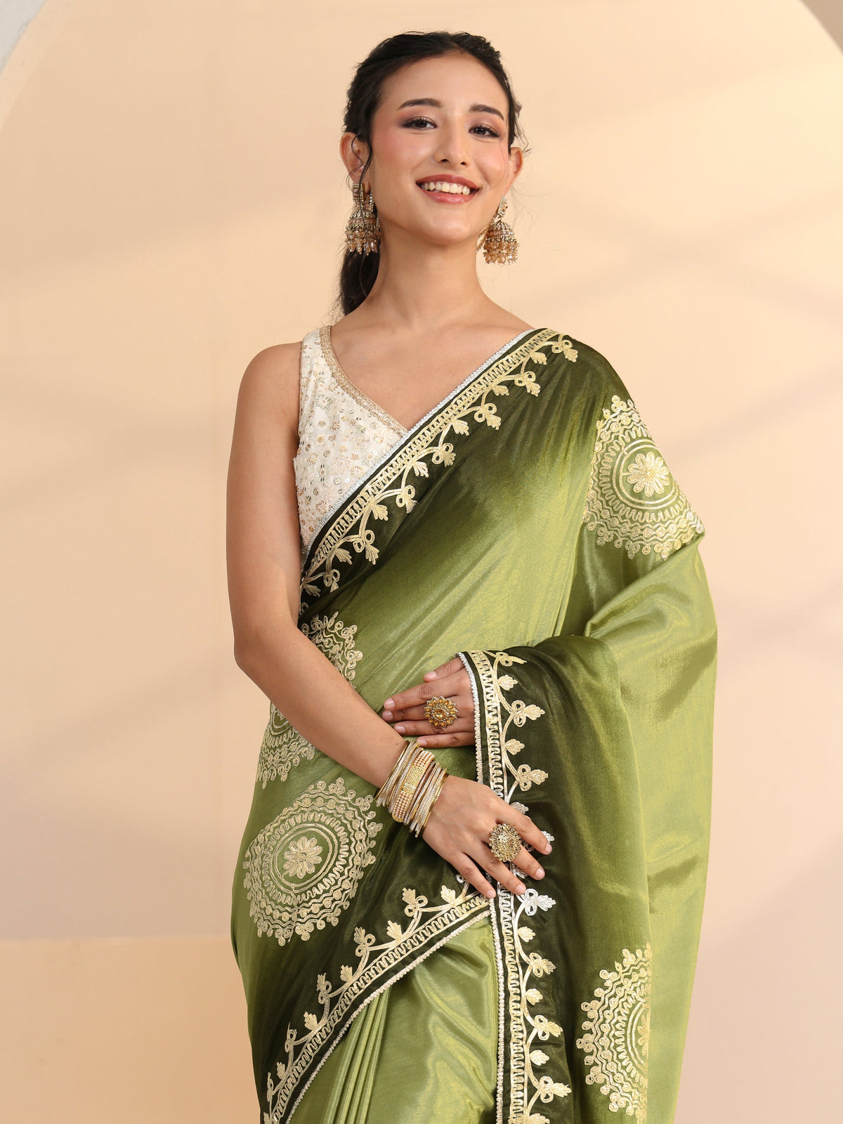 Anouk Pista Green Mandala Art Embroidered Ombre Silk Blend Saree