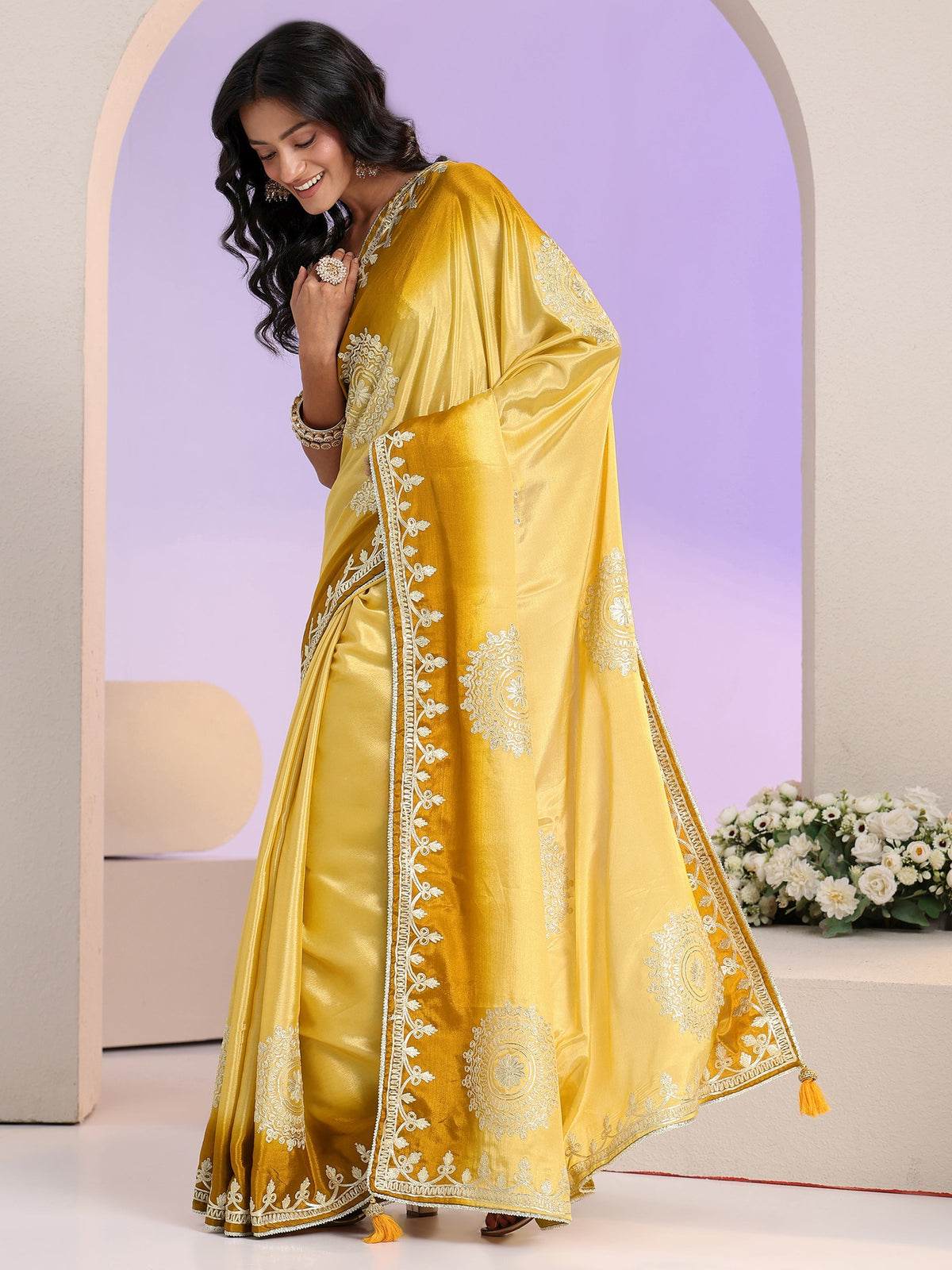 Anouk Yellow Mandala Art Embroidered Ombre Silk Blend Saree