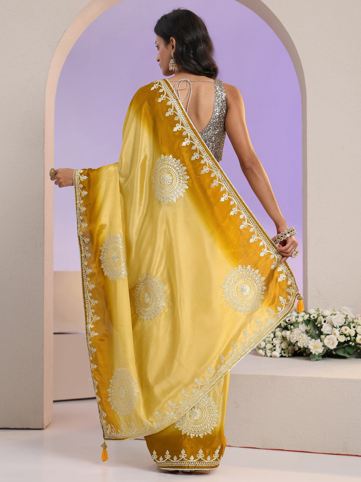Anouk Yellow Mandala Art Embroidered Ombre Silk Blend Saree
