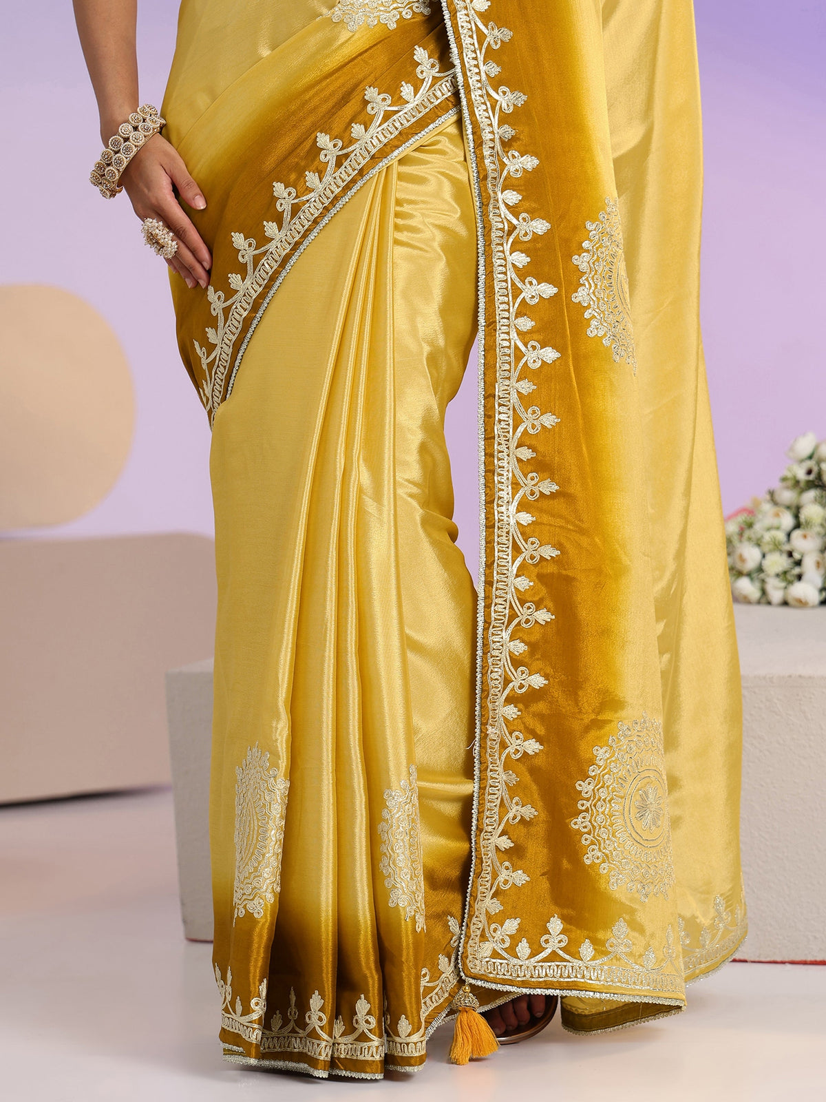 Anouk Yellow Mandala Art Embroidered Ombre Silk Blend Saree