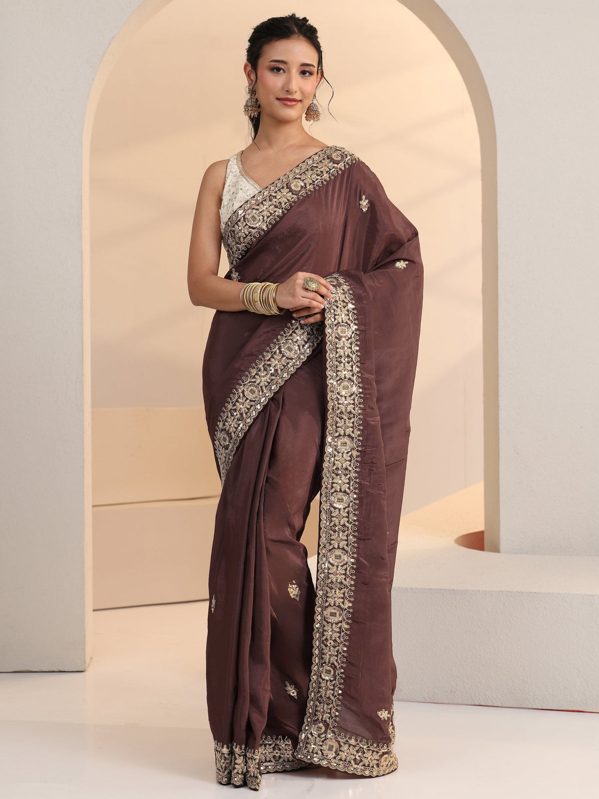 Anouk Brown Embroidered Silk Blend Saree