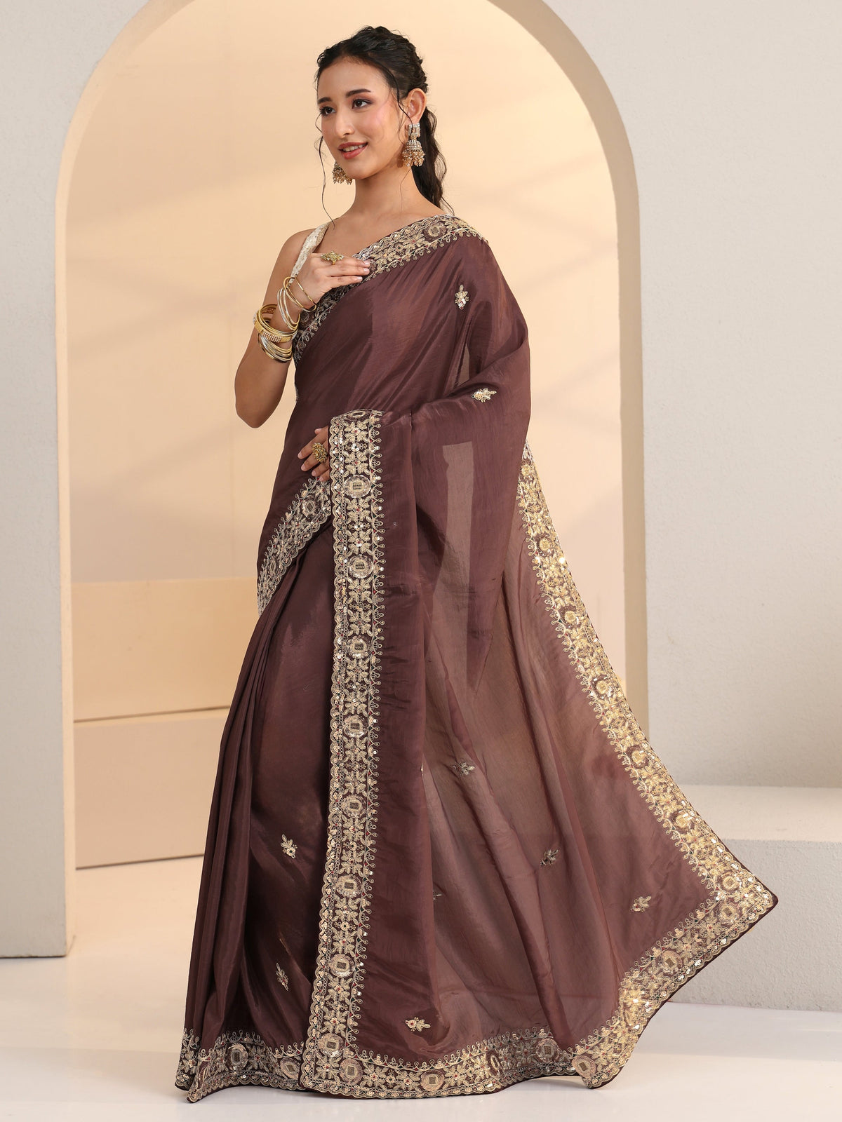 Anouk Brown Embroidered Silk Blend Saree