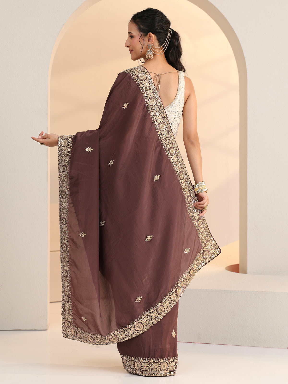 Anouk Brown Embroidered Silk Blend Saree