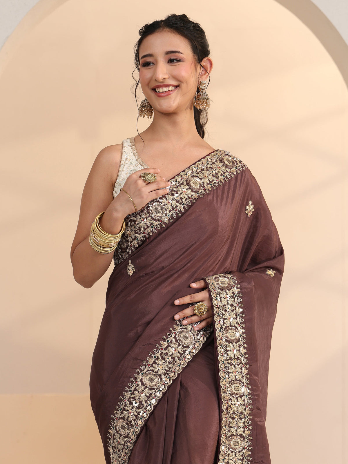 Anouk Brown Embroidered Silk Blend Saree